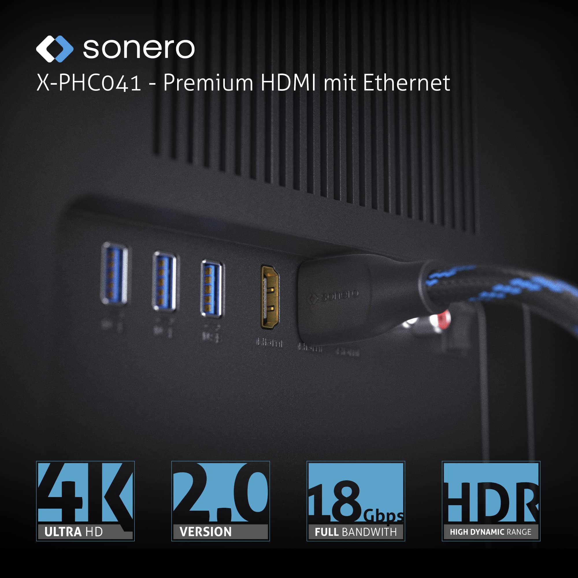 Sonero® 4K HDMI Verlängerungskabel, Premium High Speed, 4K 60Hz, HDMI-Stecker auf Buchse, vergoldete Kontakte, zweifache Abschirmung, Baumwollmantel, 2,00m