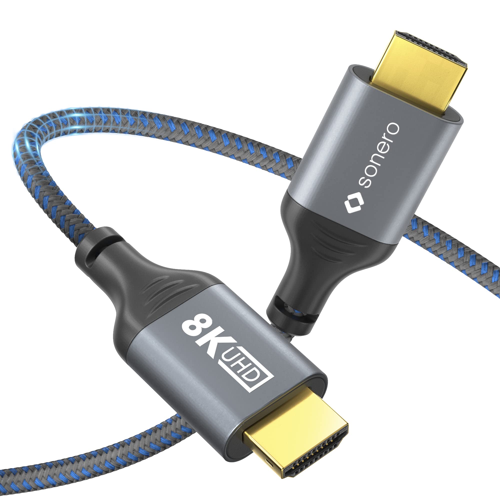 Sonero® 8K HDMI-Kabel, HDMI Stecker auf HDMI Stecker, HDMI 2.1, 8K 60Hz, 4K 120Hz, Baumwollmantel, grau/blau, 1,00 Meter