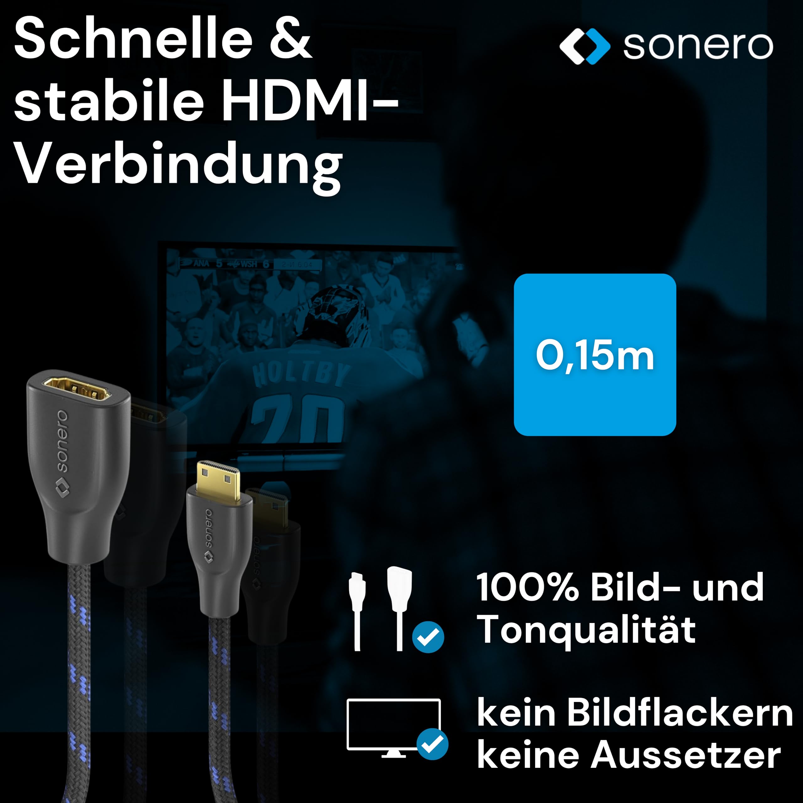 Sonero® Mini HDMI auf 4K HDMI Portsaver Adapter, Premium High Speed, Mini HDMI C Stecker auf HDMI A Buchse, vergoldete Kontakte, zweifache Abschirmung, Baumwollmantel, 0,15m