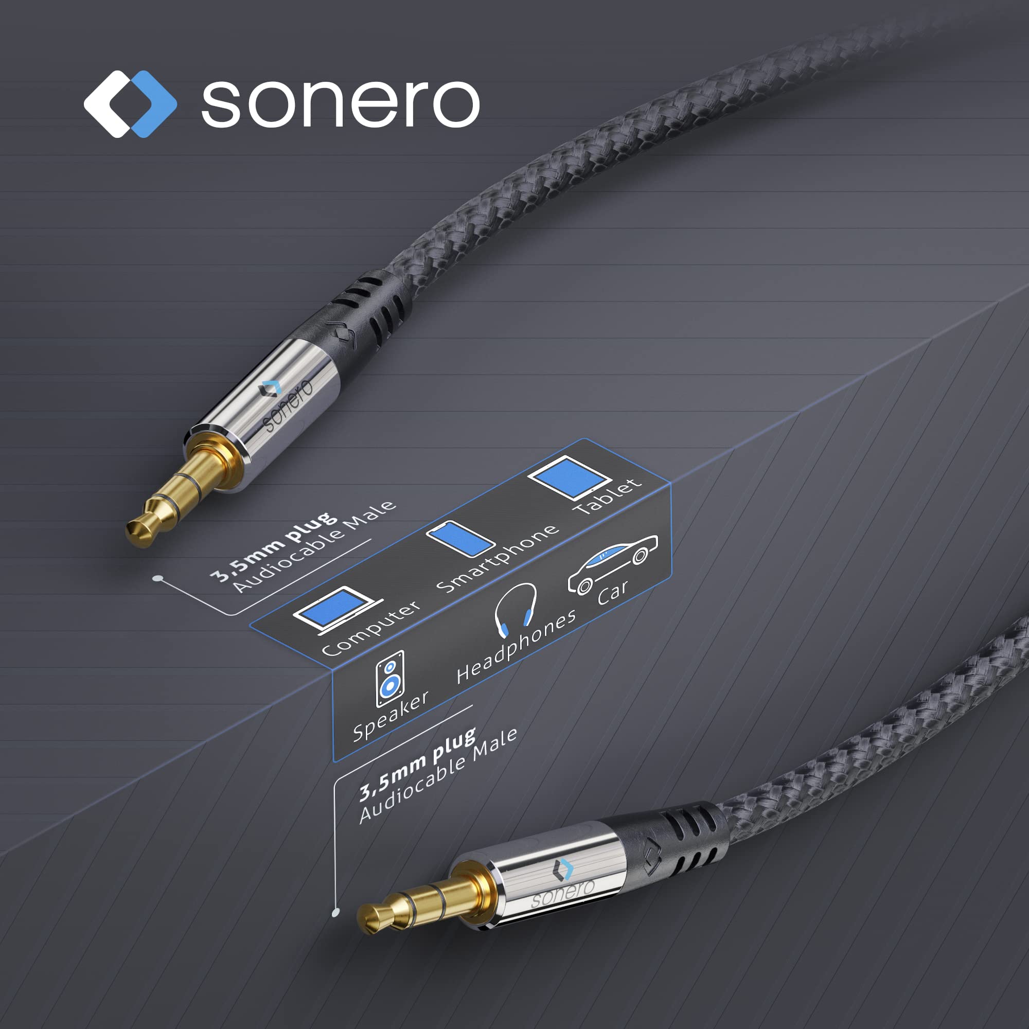Sonero® premium Audiokabel mit Nylon Mantel, 3.5mm Klinke, 0,50m, vergoldete Kontakte, schwarz