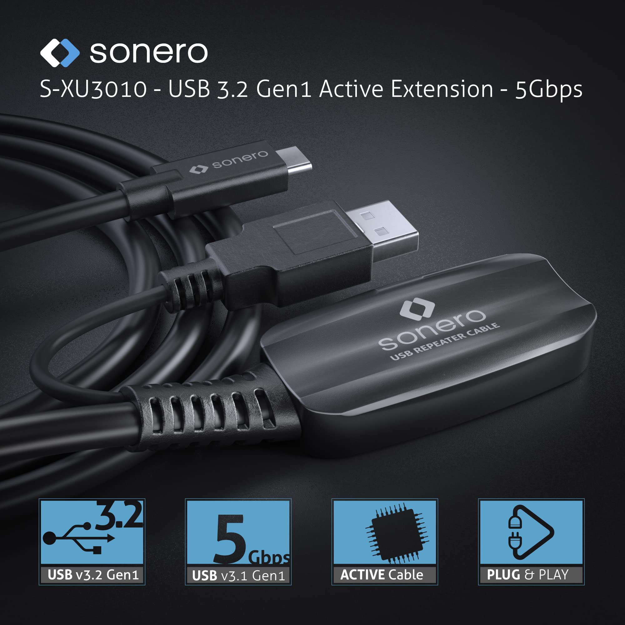 Sonero® USB 3.2 Kabel, aktives Verlängerungskabel mit Signalverstärker, Datenkabel, USB-C Stecker auf USB-C Buchse, 5 GB/s, 10.0m, schwarz