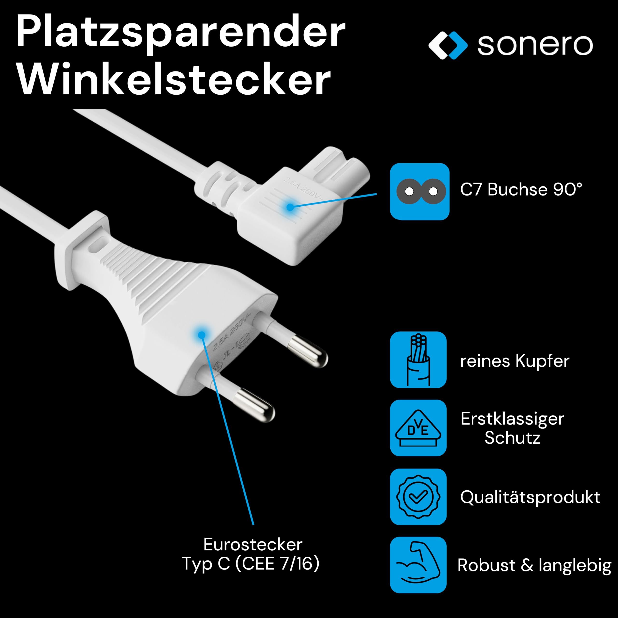 sonero Stromkabel Netzkabel 2 Polig, 2,0m, Eurostecker Typ C Netzstecker auf IEC Buchse C7 Euro 8 Stecker, 90° Winkel Netzteil Strom Kabel für TV, PS5, PS4, PS3, Haushaltsgeräte, Weiß