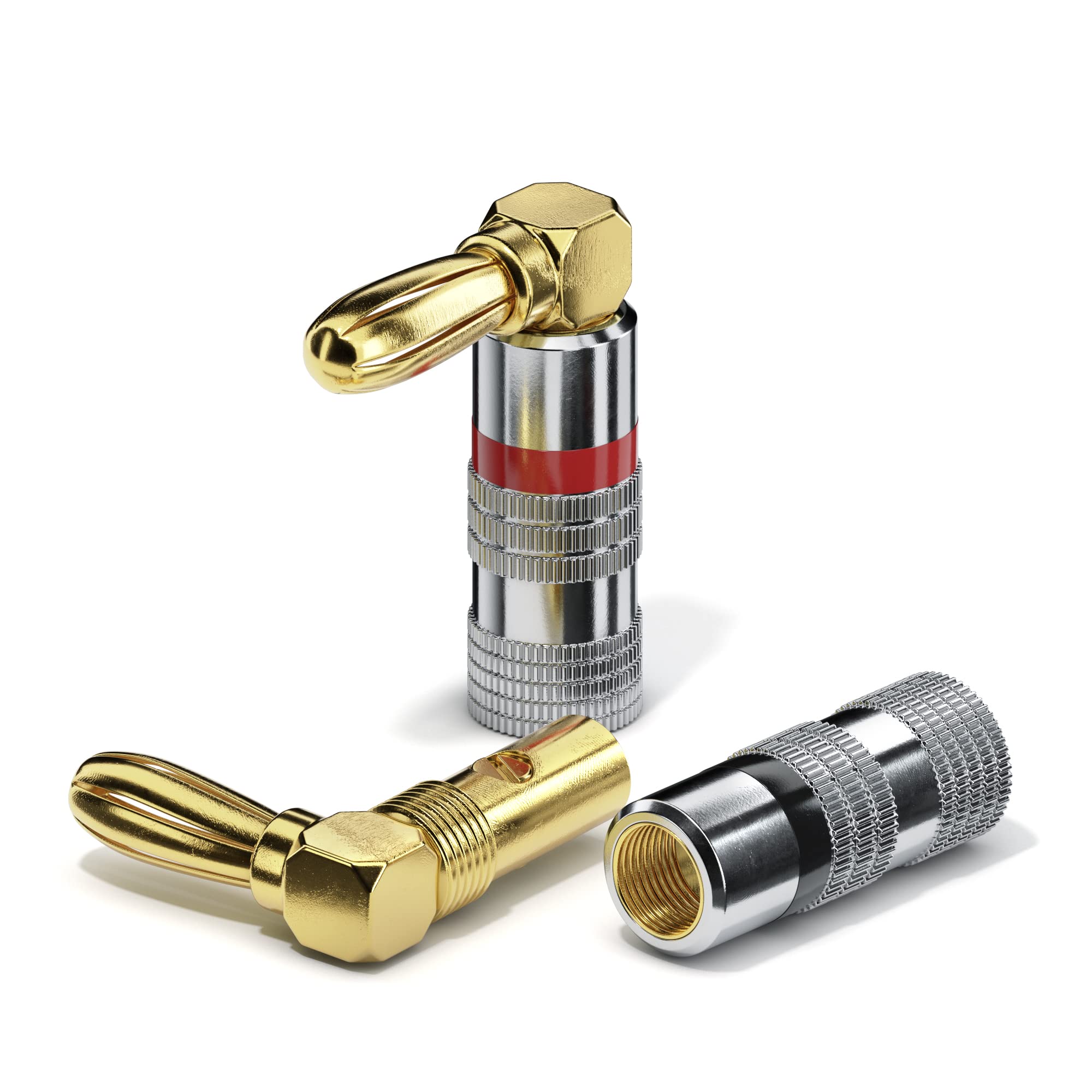 Sonero® Bananenstecker 90° gewinkeltes 8er-Set, für alle Lautsprecherkabel mit einem Durchmesser bis max. 6mm², 8 Stück mit umlaufenden Farbring (4x rot, 4x schwarz), 24k vergoldet
