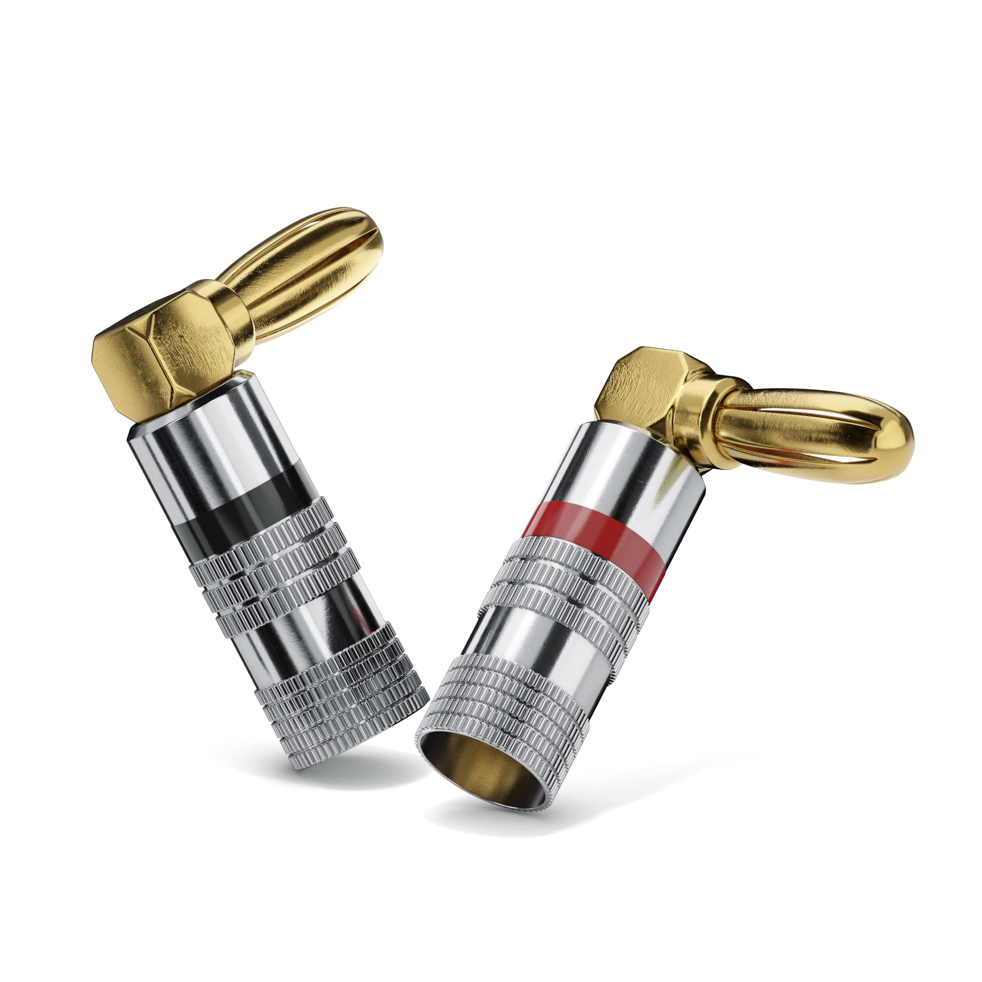 sonero® Bananenstecker 90° gewinkeltes 4er-Set, für alle Lautsprecherkabel mit einem Durchmesser bis max. 6mm², 4 Stück mit umlaufenden Farbring (2x rot, 2x schwarz), 24k vergoldet