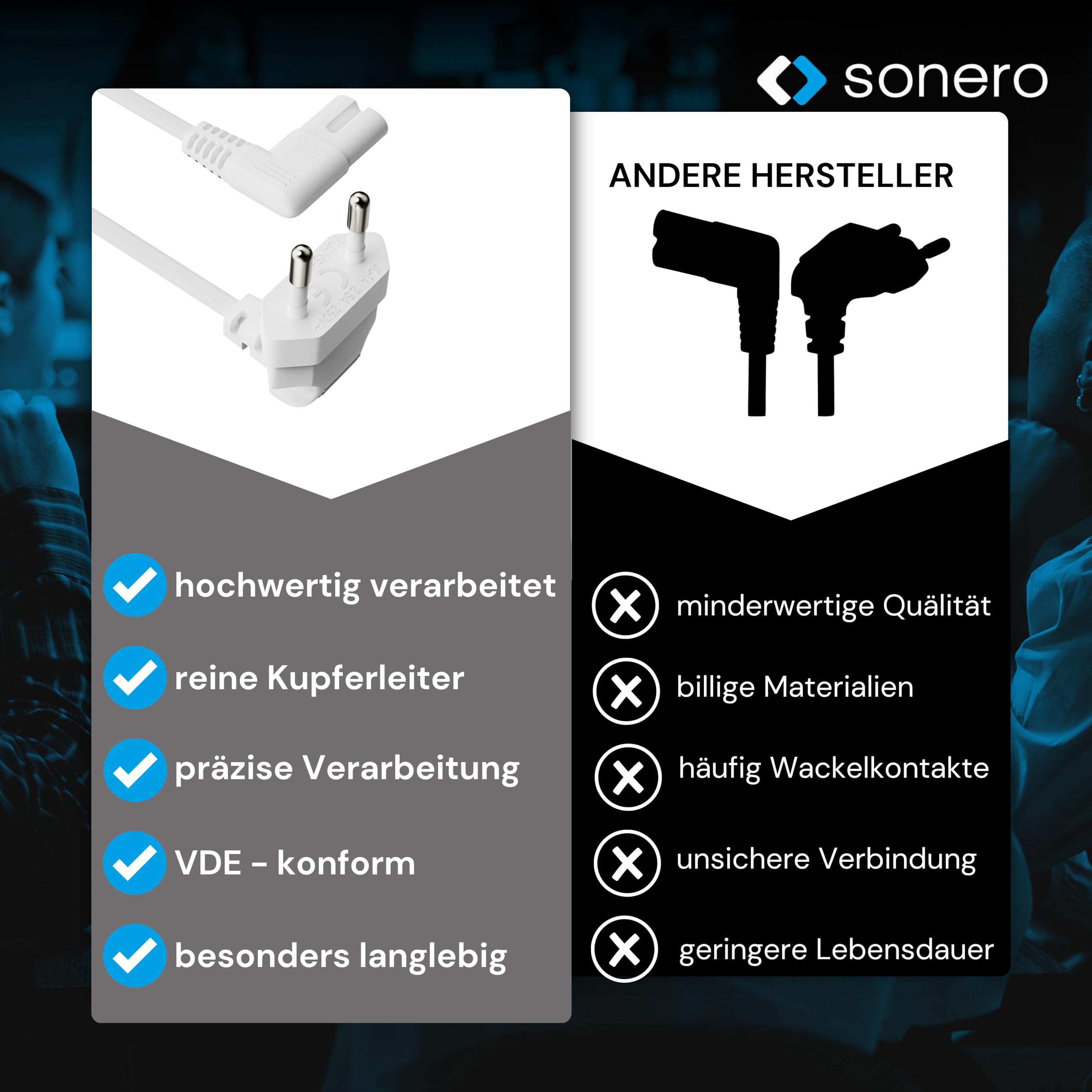 sonero Stromkabel Netzkabel 2 Polig, 1,0m, Eurostecker Typ C Netzstecker auf IEC Buchse C7 Euro 8 Stecker, 90° Winkel Netzteil Strom Kabel für TV, PS5, PS4, PS3, Haushaltsgeräte, Weiß