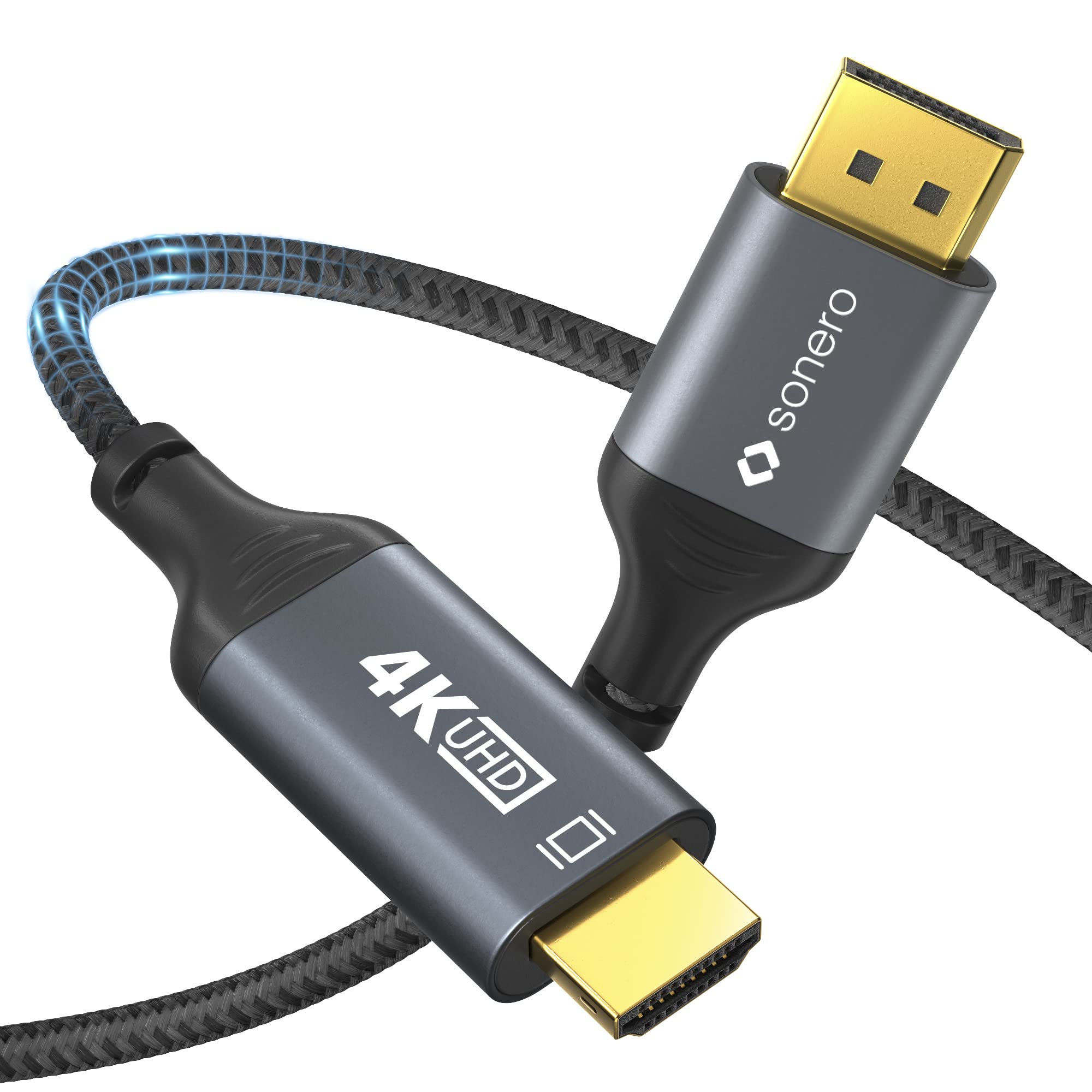 Sonero® 4K DisplayPort 1.2 auf HDMI 2.0 Kabel, DisplayPort Stecker auf HDMI Stecker, 4K 60Hz, 2K 120Hz, Baumwollmantel, grau/schwarz, 2,00 Meter
