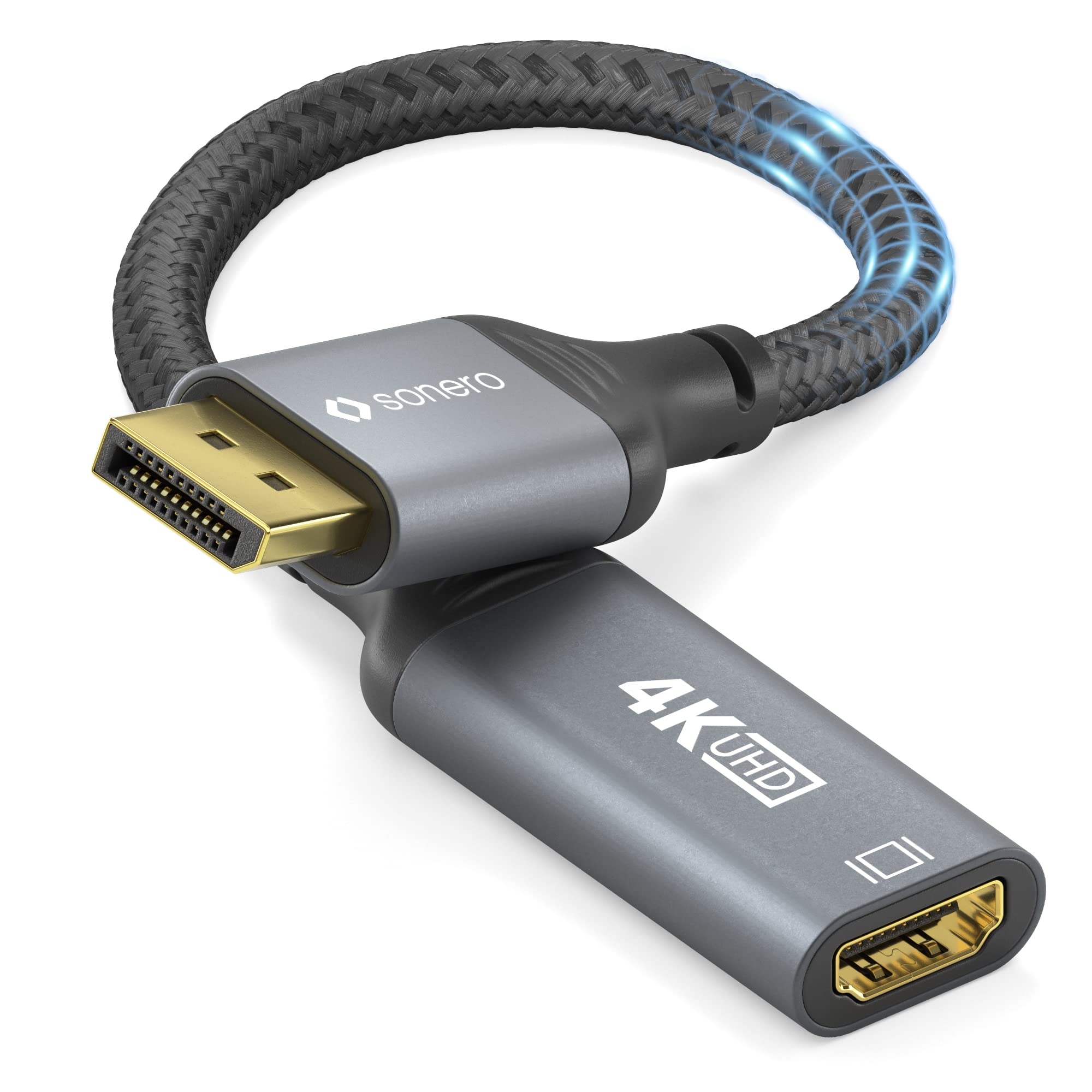 Sonero® 4K DisplayPort 1.2 auf HDMI 2.0 Adapter, DisplayPort Stecker auf HDMI Buchse, 4K 60Hz, 2K 120Hz, Baumwollmantel, grau/schwarz, 0,10 Meter