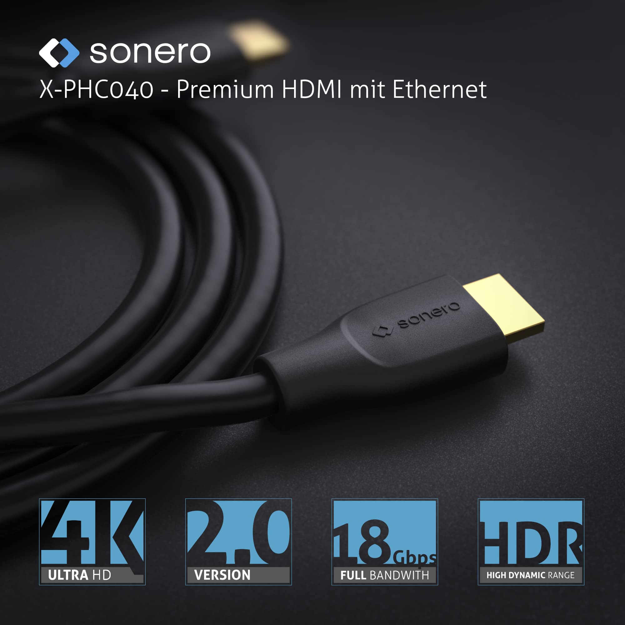 Sonero® 4K HDMI Verlängerungskabel, Premium High Speed, 4K 60Hz, HDMI Stecker auf HDMI Buchse, vergoldete Kontakte, zweifache Abschirmung, PVC-Mantel, 0,50m, Schwarz