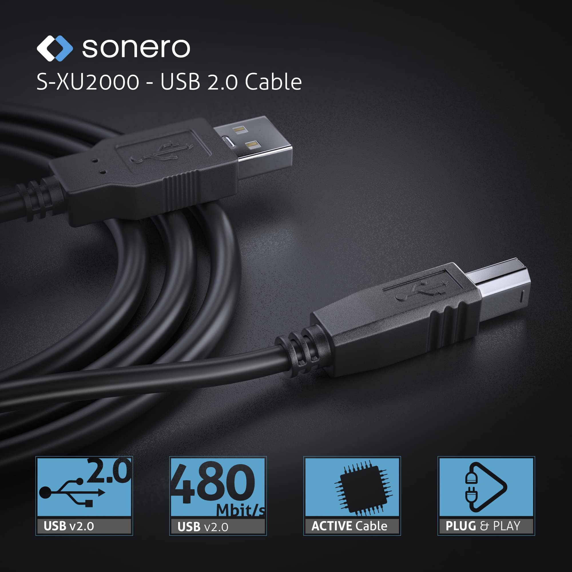 Sonero® USB 2.0 Kabel, aktives Verbindungskabel mit Signalverstärker, Druckerkabel, USB-A Stecker auf USB-B Stecker, 480 Mbit/s, 20.0m, schwarz