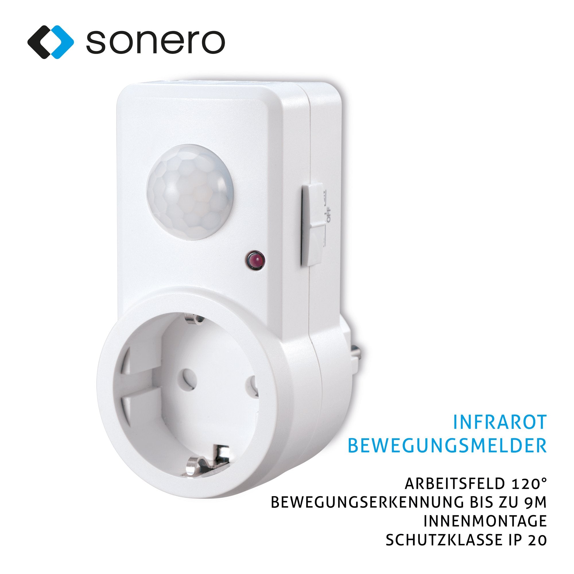 sonero IMS060 Infrarot-Bewegungsmelder Zwischenstecker - Innenmontage in Steckdose, Schutzklasse: IP20, 120° / 9m Arbeitsfeld, weiß