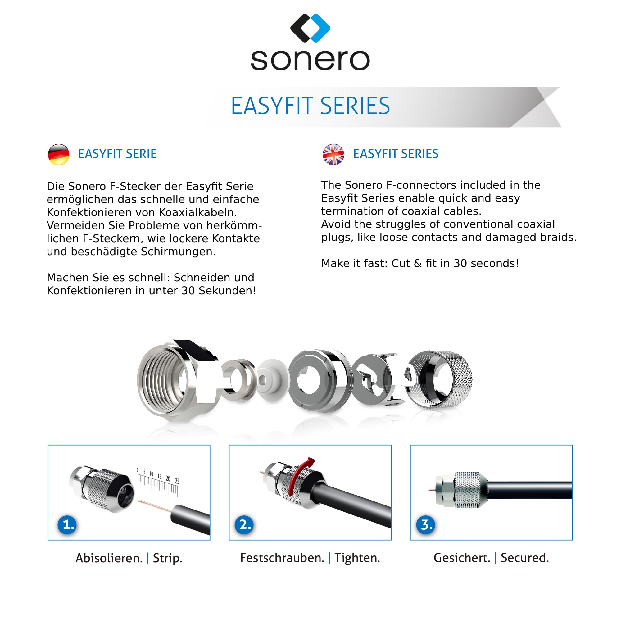 Sonero, IEC-Buchse für Sat-Kabel, Antennen-Kabel, Koaxial-Kabel mit ⌀ 6,5-7,5 mm, einfache Selbst-Konfektionierung, chrom, 4er-Set