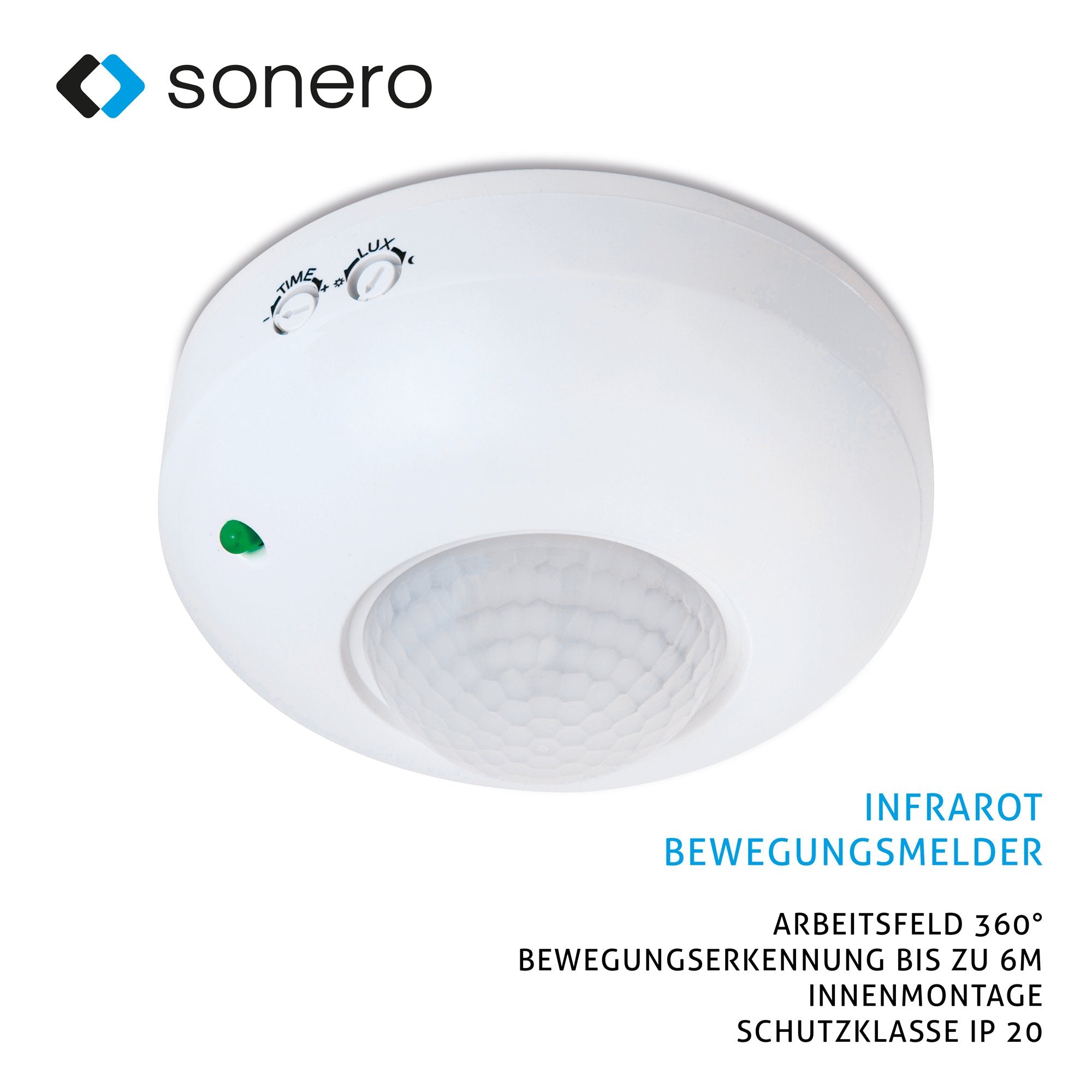 sonero IMS020 DeckenInfrarot-Bewegungsmelder – Innenmontage, weiß, Schutzklasse: IP20, 360° / 6m Arbeitsfeld, 1 Stück
