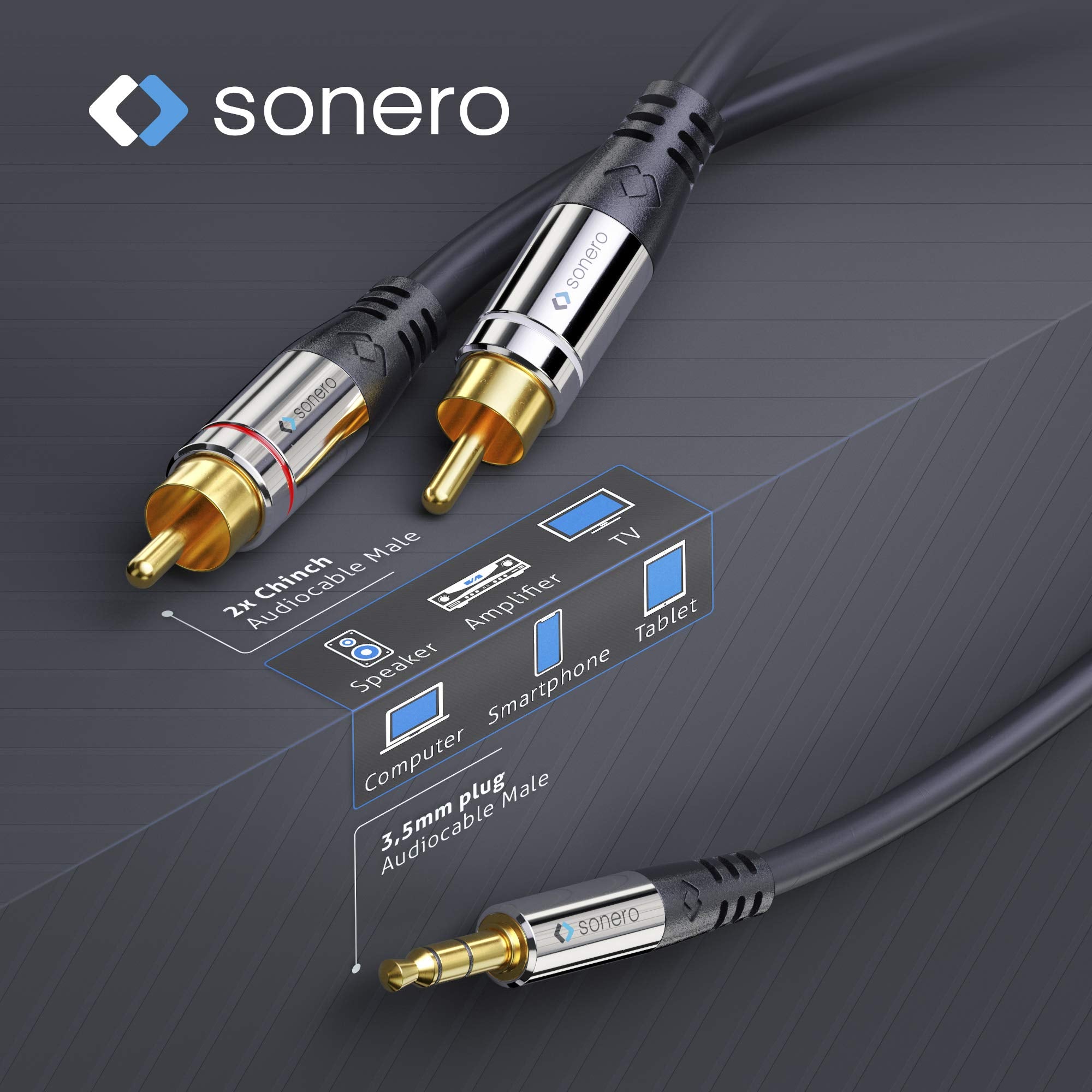 Sonero Premium Audio Adapterkabel, 2,00m, 3.5mm Klinke auf 2x Cinch Stecker, vergoldete Kontakte, schwarz, S-AC600-020