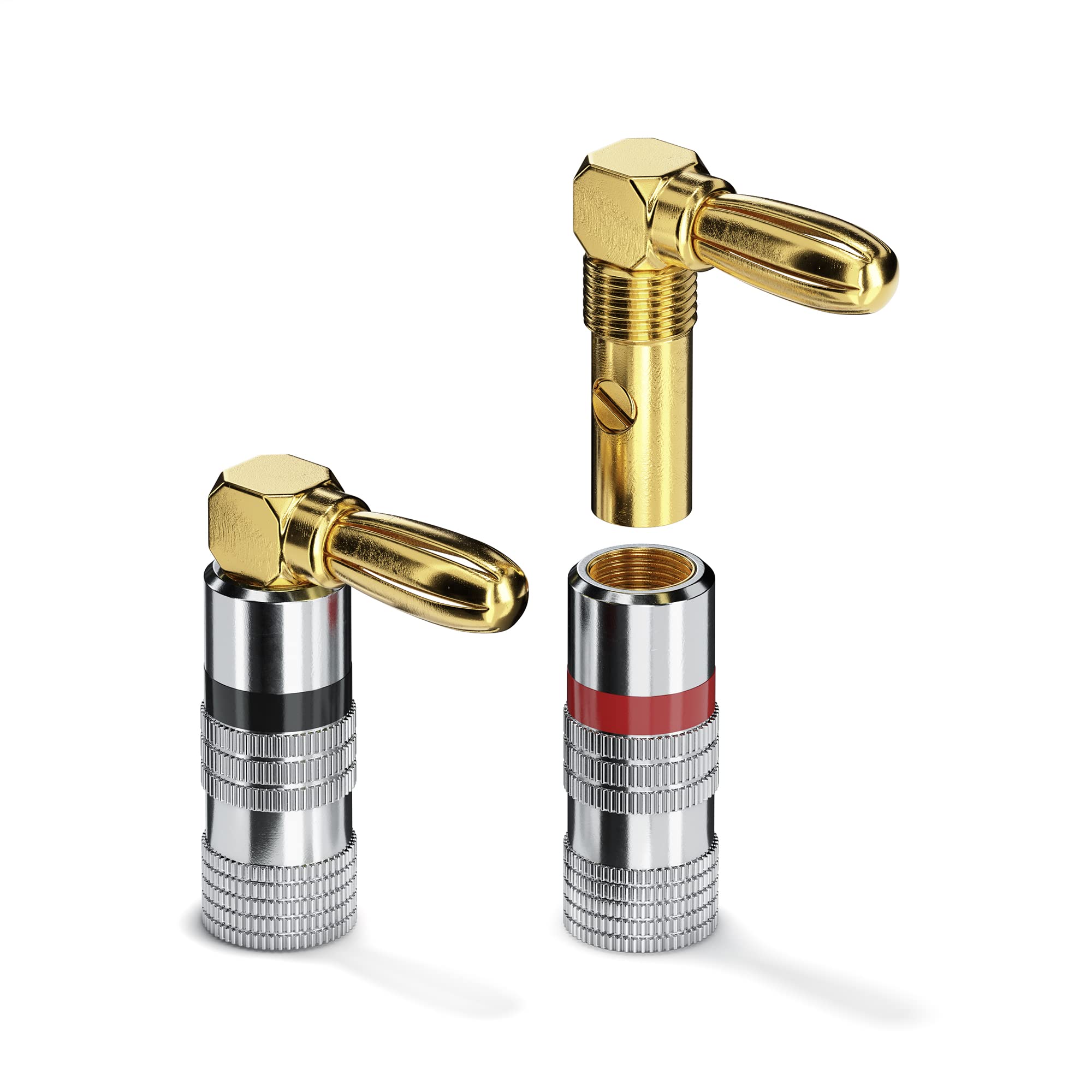 Sonero® Bananenstecker 90° gewinkeltes 8er-Set, für alle Lautsprecherkabel mit einem Durchmesser bis max. 6mm², 8 Stück mit umlaufenden Farbring (4x rot, 4x schwarz), 24k vergoldet