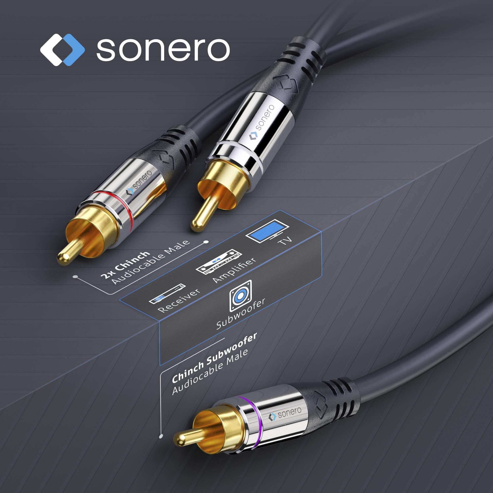 sonero Premium Cinch Audiokabel, 1x Cinch Stecker auf 2x Cinch Stecker 3,00m, vergoldete Kontakte, schwarz, S-AC900-030