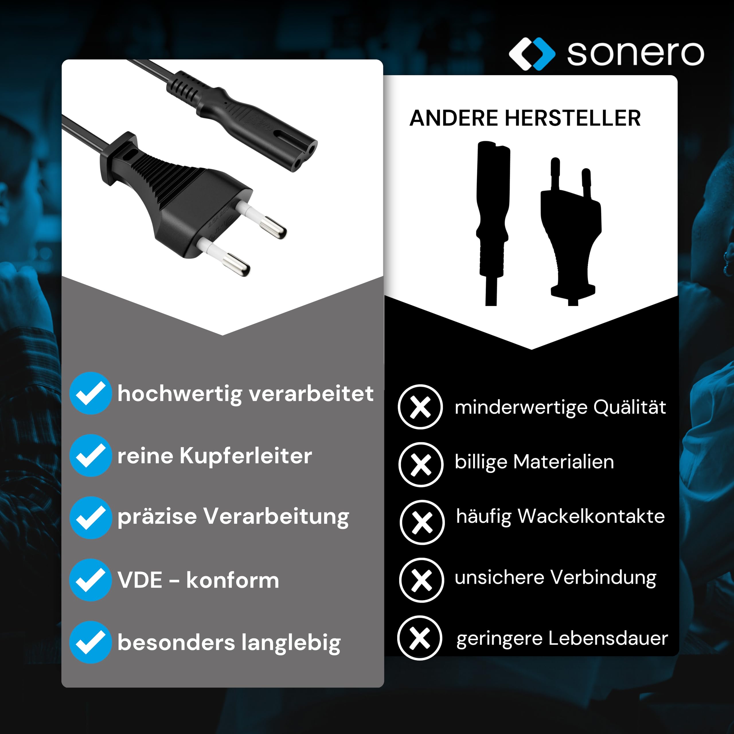 sonero Stromkabel Netzkabel 2 Polig, 5,0m, Eurostecker Typ C Netzstecker auf IEC Buchse C7 Euro 8 Stecker, Netzteil Strom Kabel für TV, PS5, PS4, PS3, Haushaltsgeräte, Schwarz