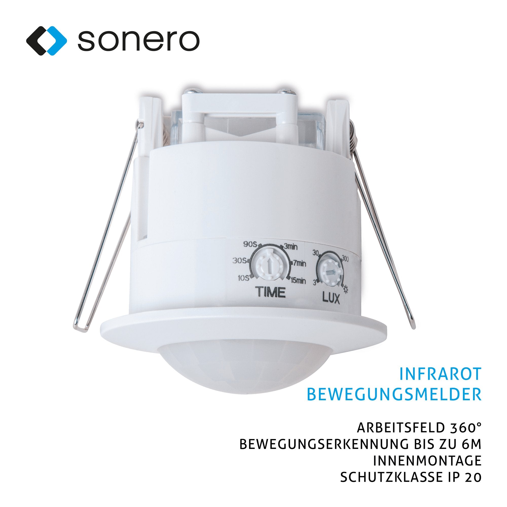 sonero IMS070 Deckeneinbau-Bewegungsmelder – Innenmontage zum Deckeneinbau, weiß, Schutzklasse: IP20, 360° / 6m Arbeitsfeld, 1 Stück