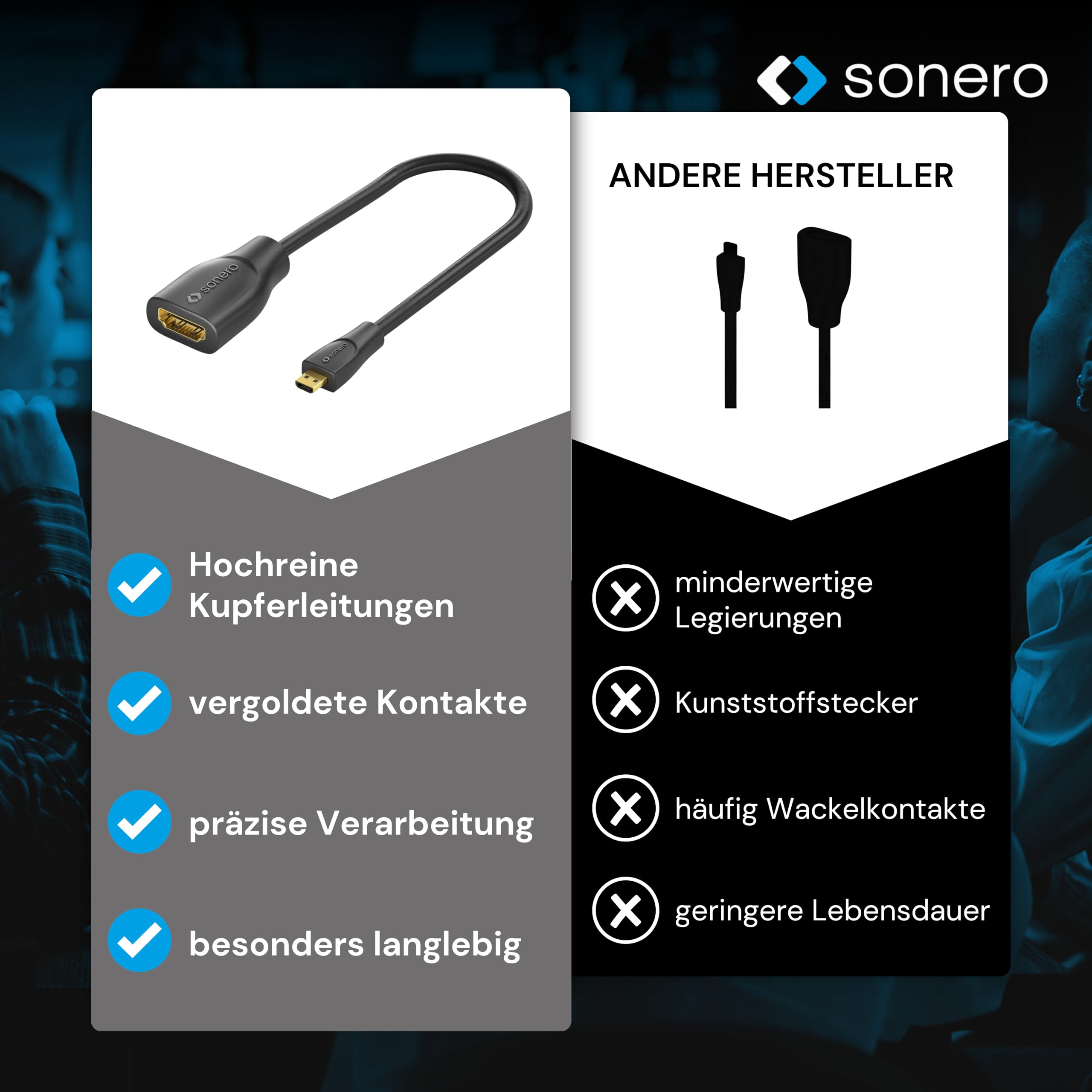 Sonero Micro HDMI auf 4K HDMI Portsaver Adapter, Premium High Speed, Micro HDMI D Stecker auf HDMI A Buchse, vergoldete Kontakte, zweifache Abschirmung, PVC-Mantel, 0,15m, (X-PHA030-0015)