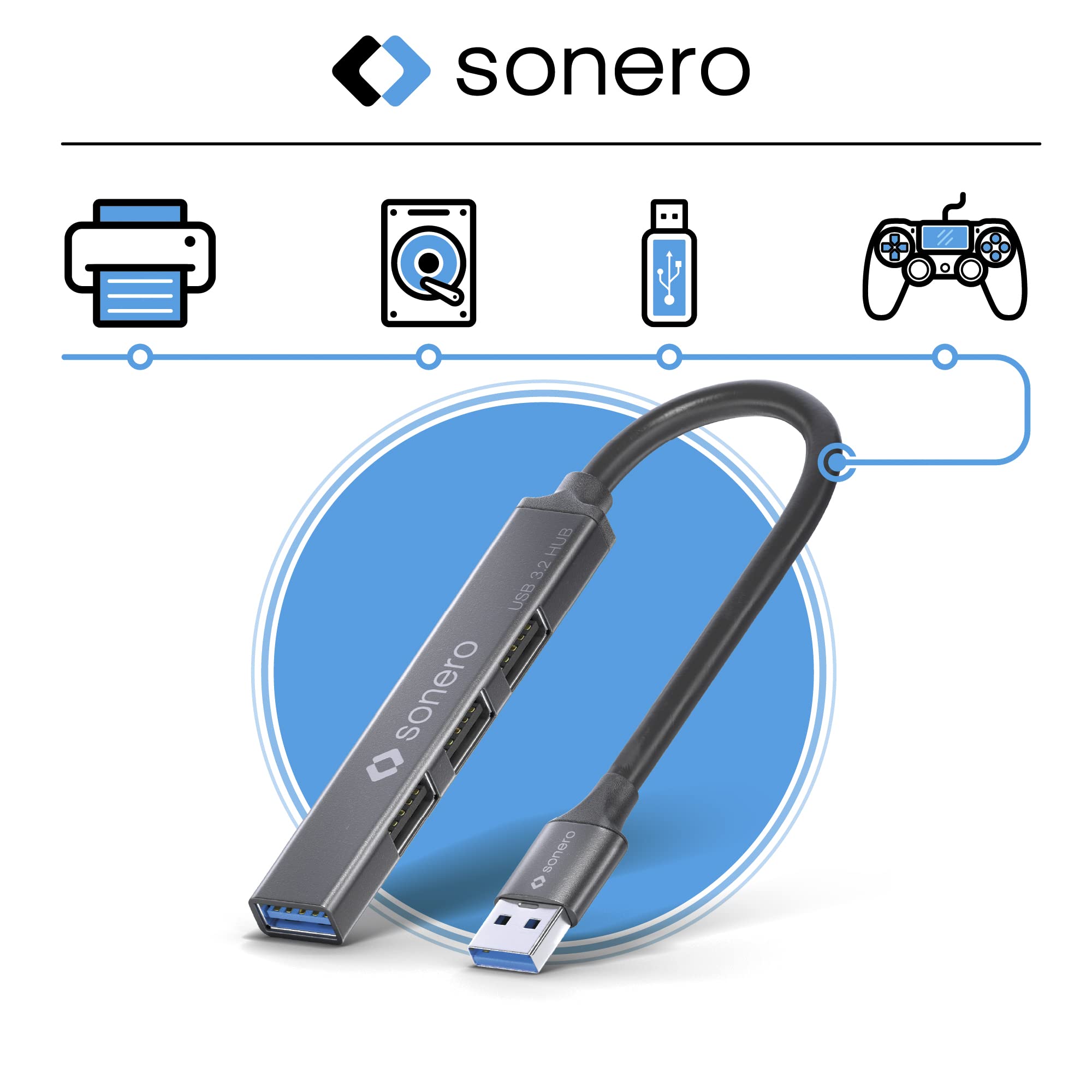 Sonero USB-Hub, 4-Port Verteiler, 1x 3.2 Mit 5 GB/s, 3x 2.0 Mit 480 MB/s, A Stecker, Ultra Slim, Space Grey, 0,15m, S-UH100-001
