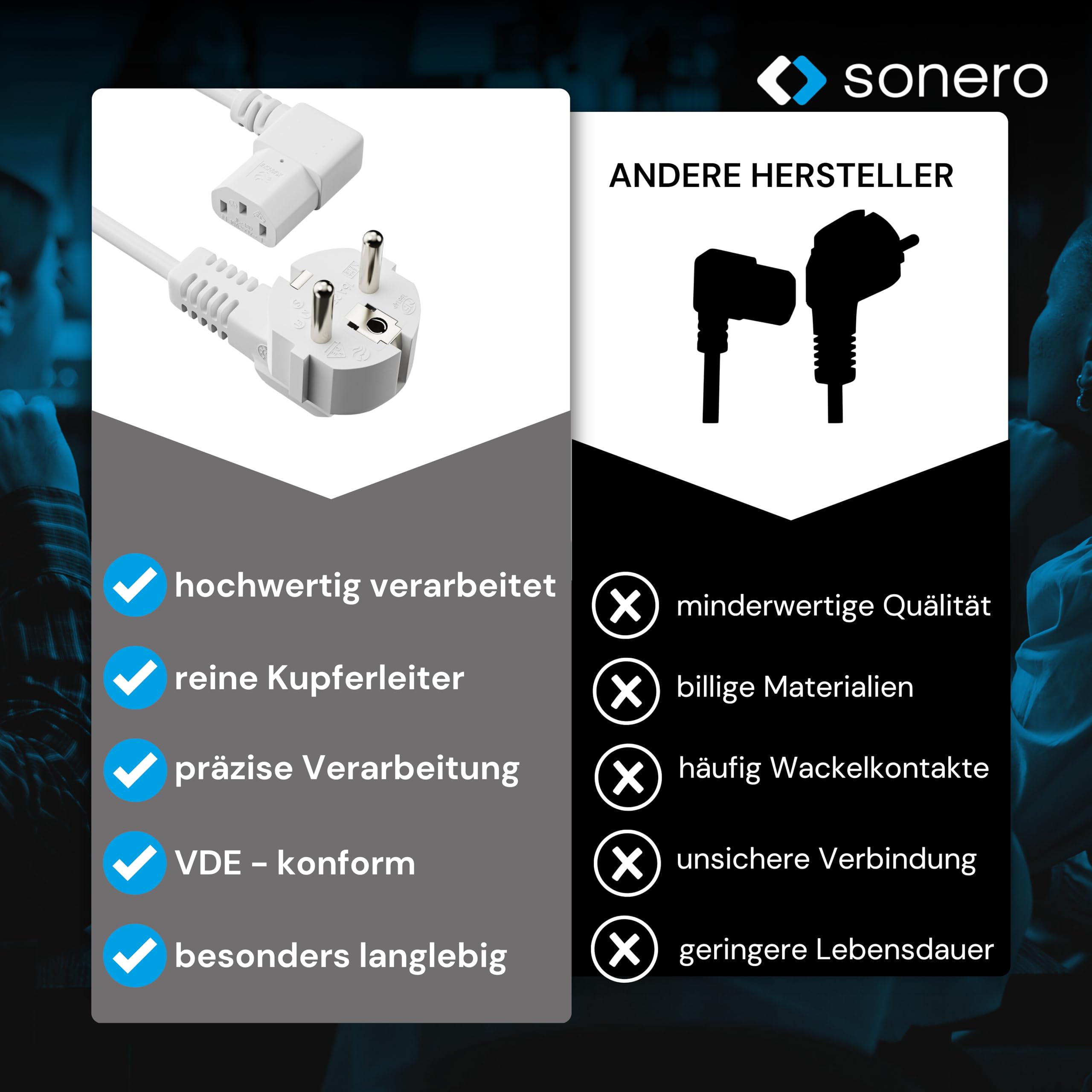 sonero Stromkabel Kaltgerätekabel 3 Polig, 10,0m, Schutzkontakt Stecker Netzstecker auf Kaltgerätekupplung C13 Buchse, 90° Winkel Netzkabel Netzteil Strom Kabel für Monitor PC Drucker, Weiß