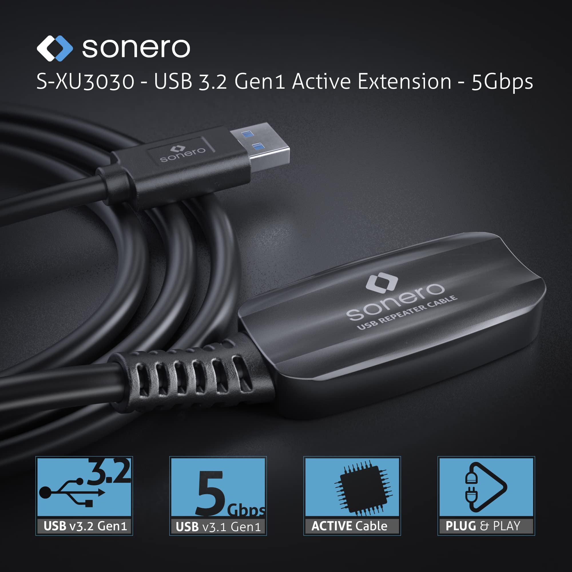 Sonero® USB 3.2 Aktive Verlängerung, USB-A Stecker auf USB-C Buchse, 5GB/s Datenübertragung, keine Stromversorgung benötig, schwarz, Länge: 5,00m