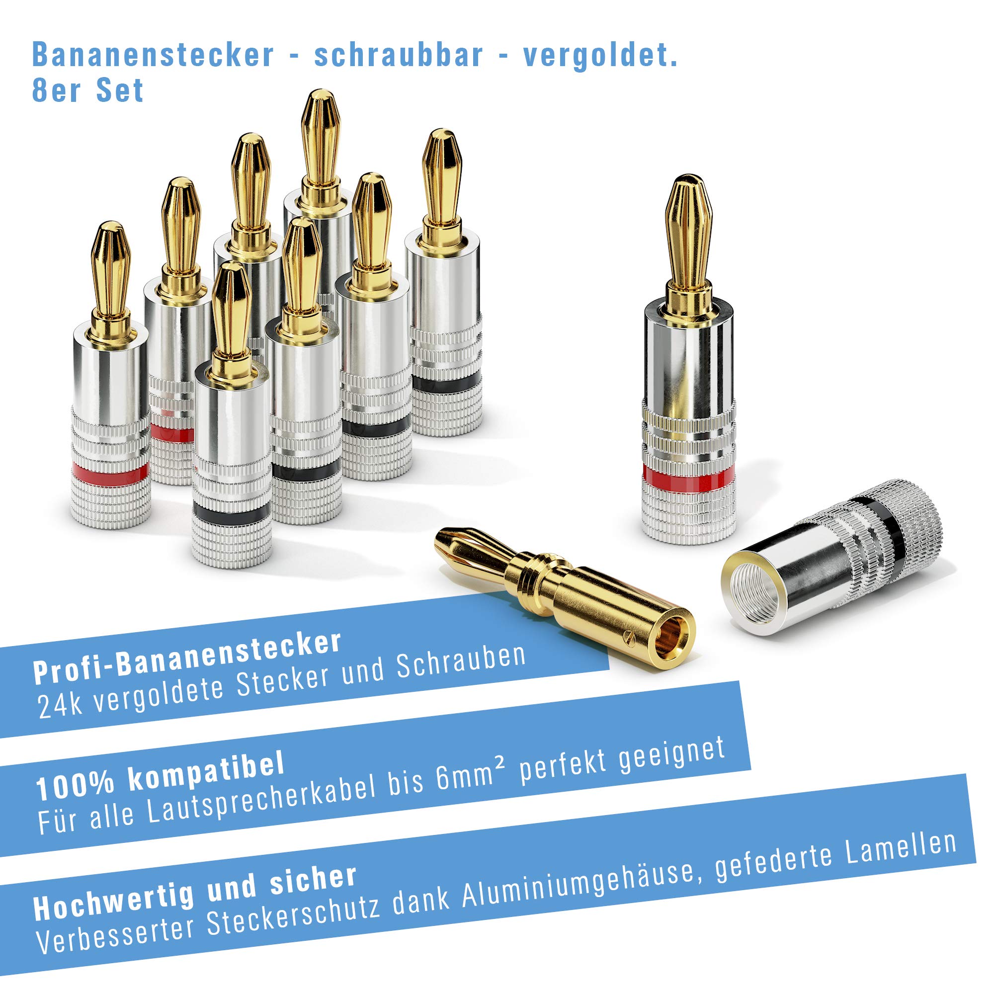 Sonero Bananenstecker 8er-Set, für alle Lautsprecherkabel mit einem Durchmesser bis max. 6mm², 4 Stück mit Farbcodierung (4x rot, 4x schwarz), 24k vergoldet, S-SC000-08
