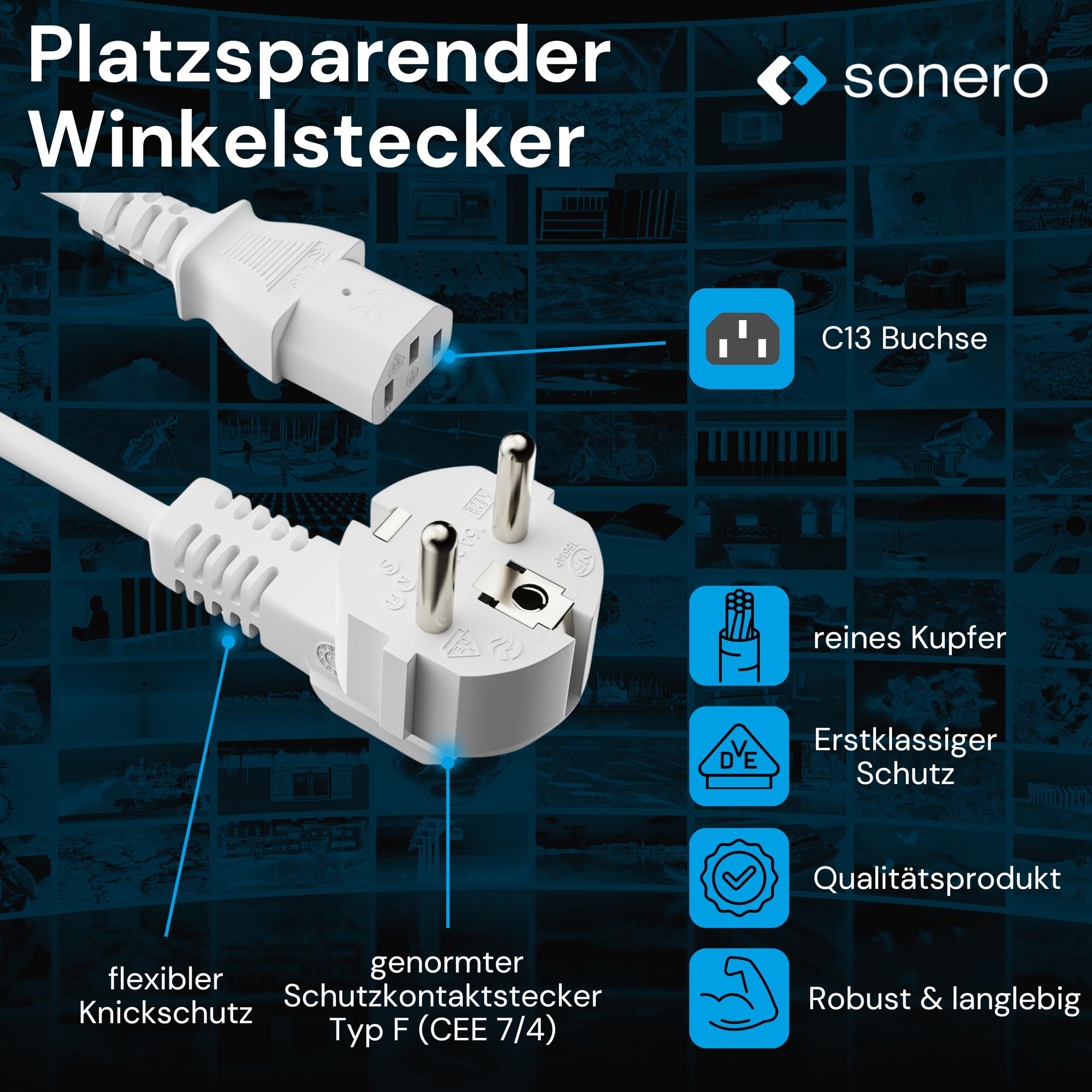 sonero Stromkabel Kaltgerätekabel 3 Polig, 2,0m, 90° Winkel Schutzkontakt Stecker Netzstecker auf Kaltgerätekupplung C13 Buchse, Netzkabel Netzteil Strom Kabel für Monitor PC Drucker, Weiß