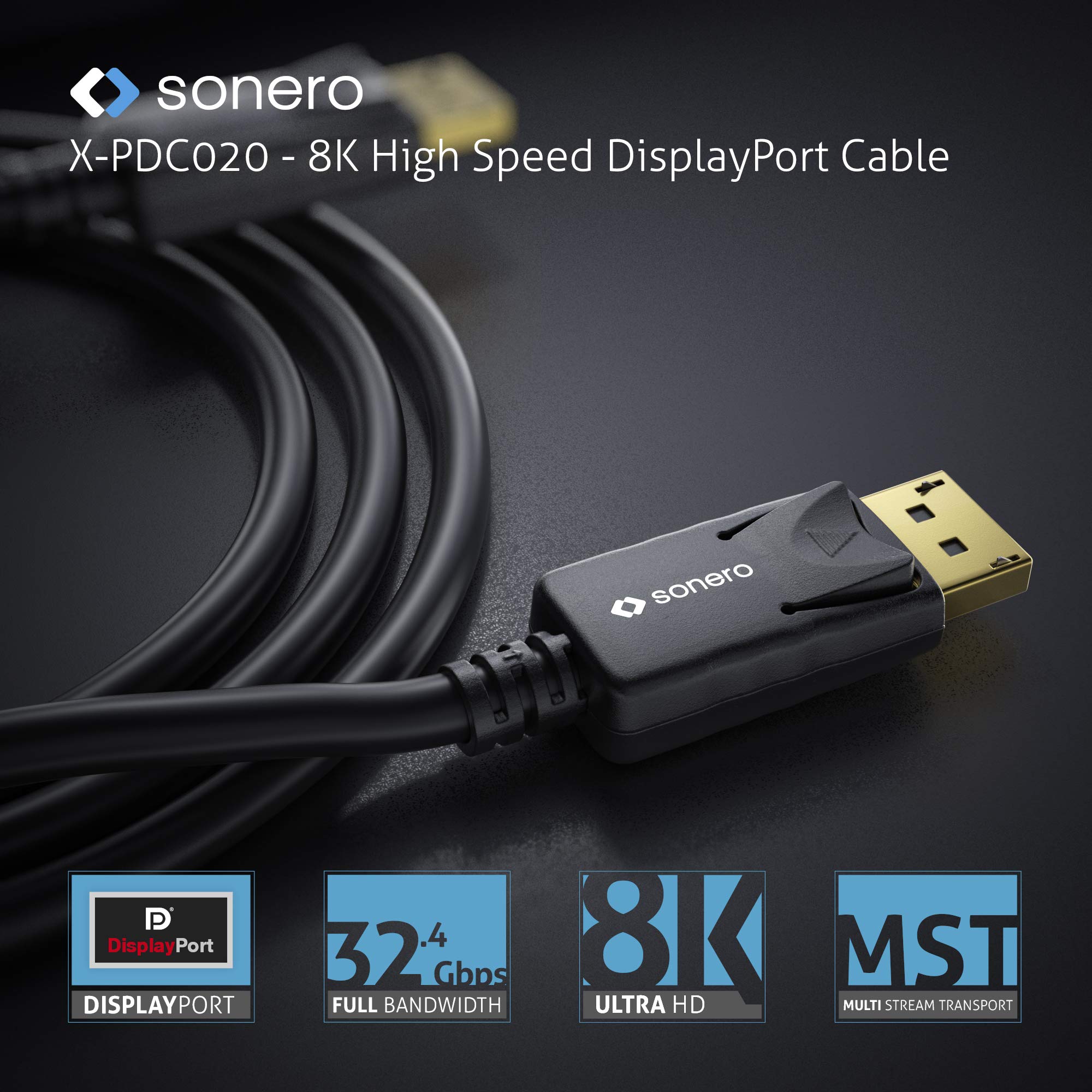 [Neu] sonero® 3m DisplayPort Kabel 1.4, DisplayPort auf DisplayPort, 8K 60hz, schwarz
