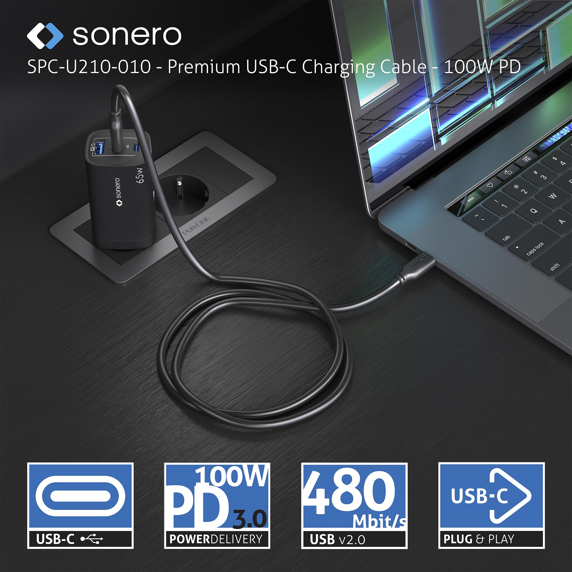 Sonero® USB-C Ladekabel, Handy-Ladekabel, Schnellladekabel, Kabel Typ C, USB 2.0, 100W PD, schwarz, 2,00m