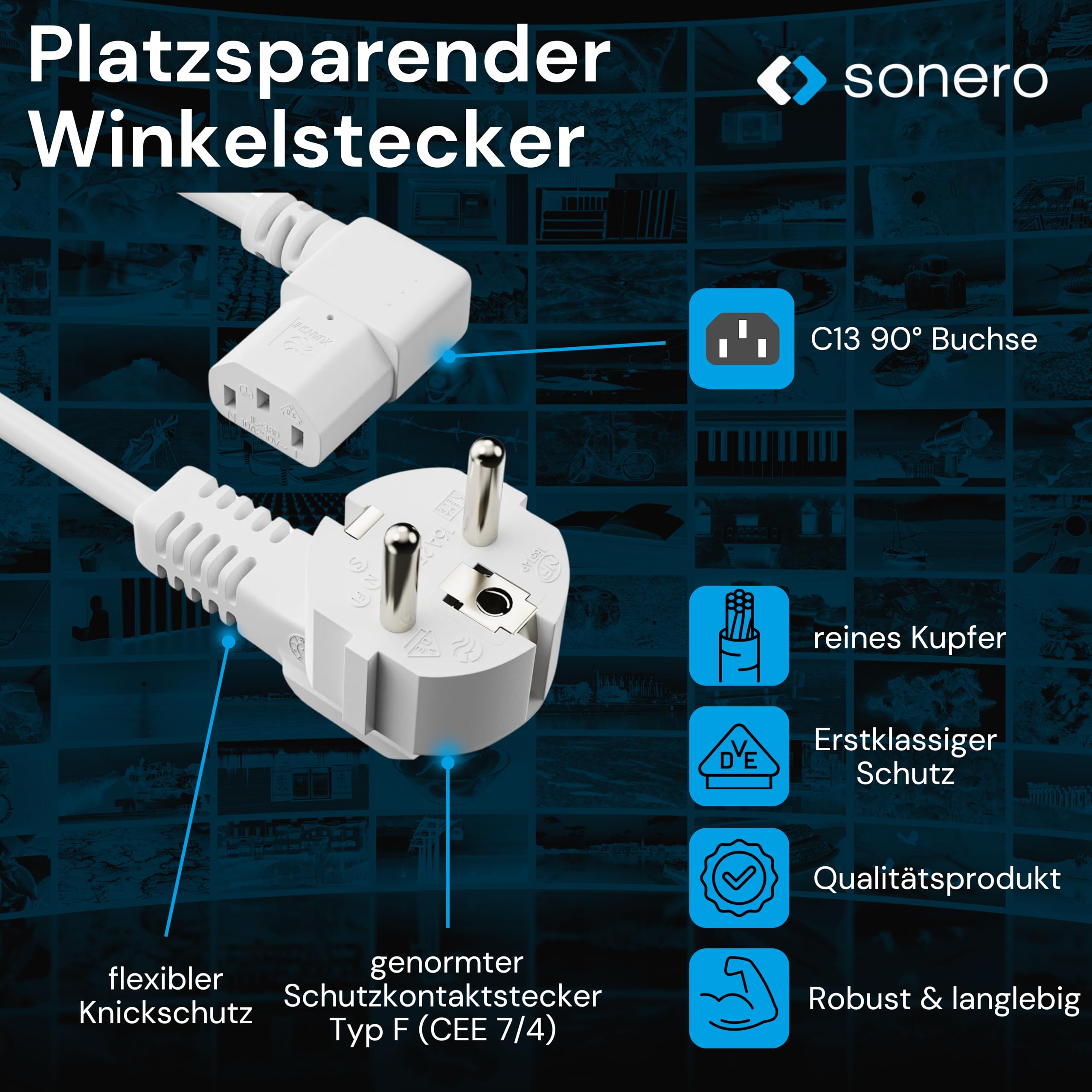 sonero Stromkabel Kaltgerätekabel 3 Polig, 10,0m, Schutzkontakt Stecker Netzstecker auf Kaltgerätekupplung C13 Buchse, 90° Winkel Netzkabel Netzteil Strom Kabel für Monitor PC Drucker, Weiß