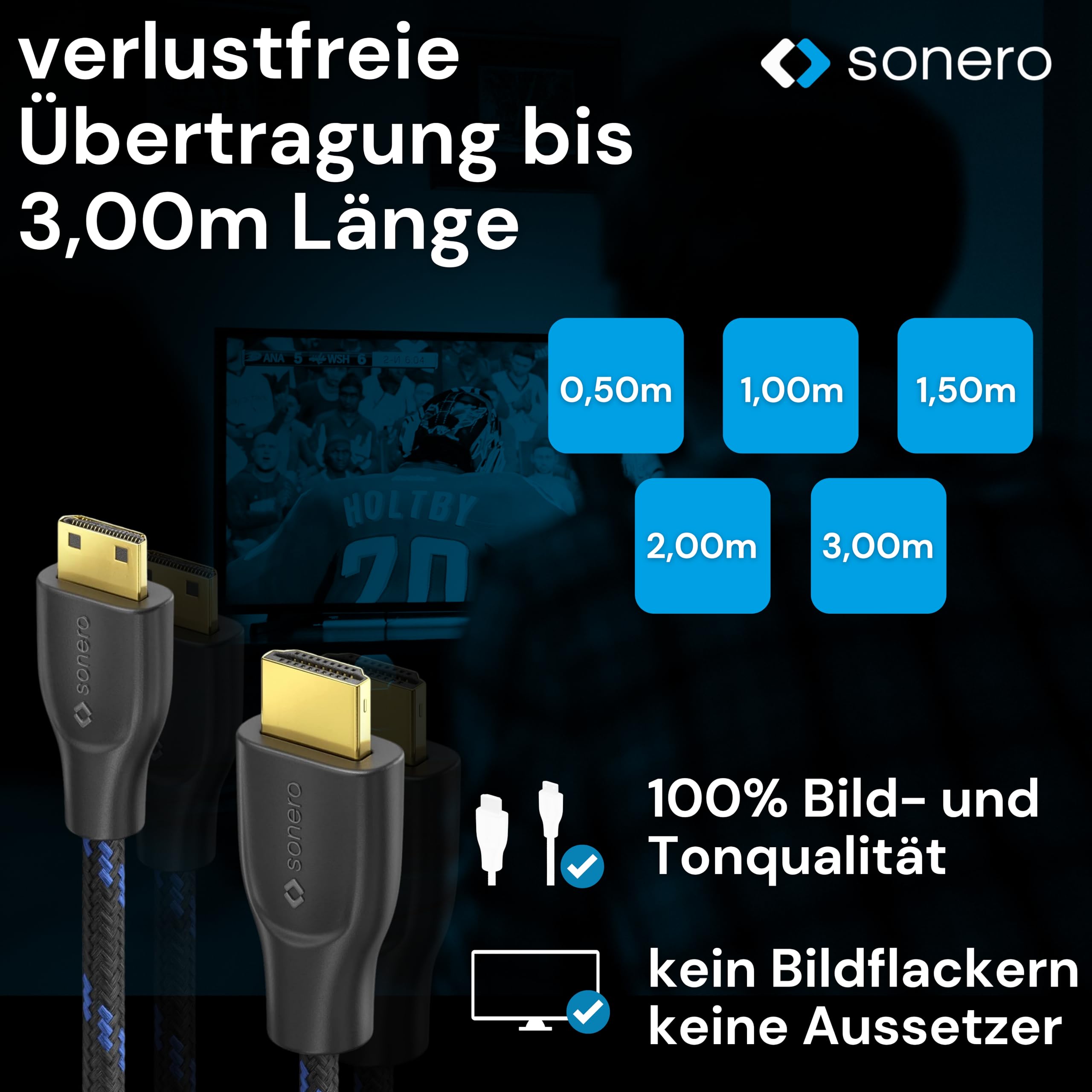 Sonero® 4K Mini HDMI auf HDMI-Kabel, Premium High Speed, 4K 60Hz, Mini HDMI Stecker auf HDMI Stecker, vergoldete Kontakte, zweifache Abschirmung, Baumwollmantel, 2,00m