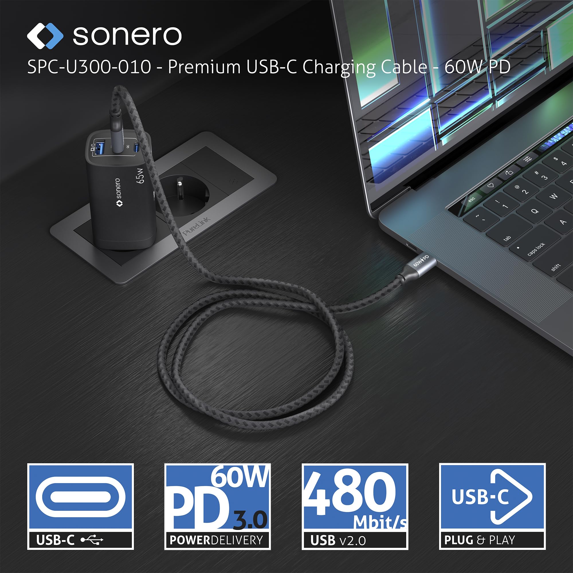 Sonero® USB-C auf USB-C Ladekabel, Handy-Ladekabel, Schnellladekabel USB C, USB Kabel Typ C, USB 2.0, 60W PD, grau/schwarz, 3,00m
