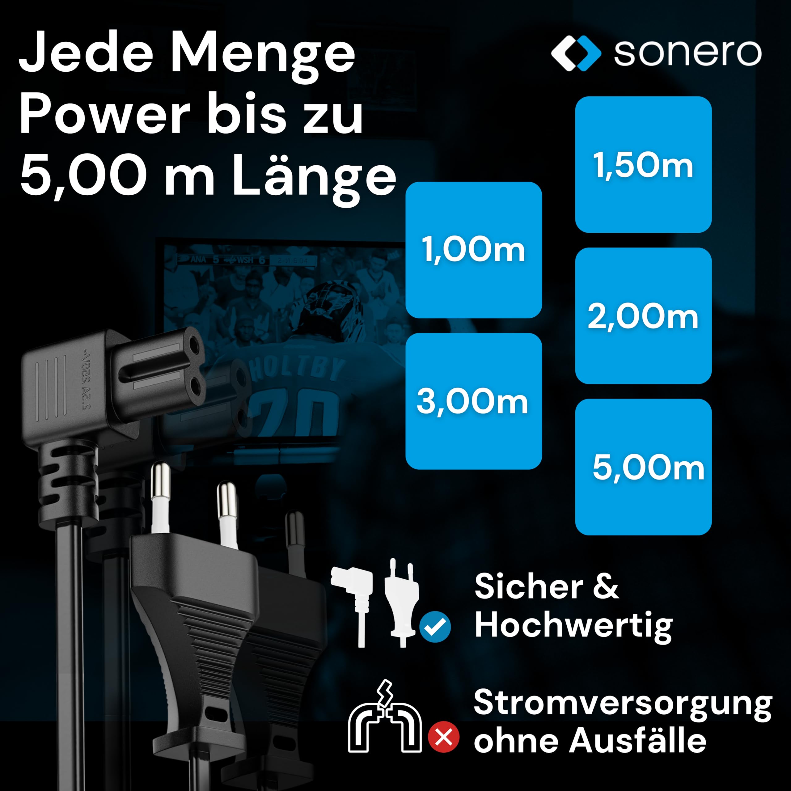 sonero Stromkabel Netzkabel 2 Polig, 2.00m, Eurostecker Typ C Netzstecker auf IEC Buchse C7 Euro 8 Stecker, 90° Winkel Netzteil Strom Kabel für TV, PS5, PS4, PS3, Haushaltsgeräte, schwarz