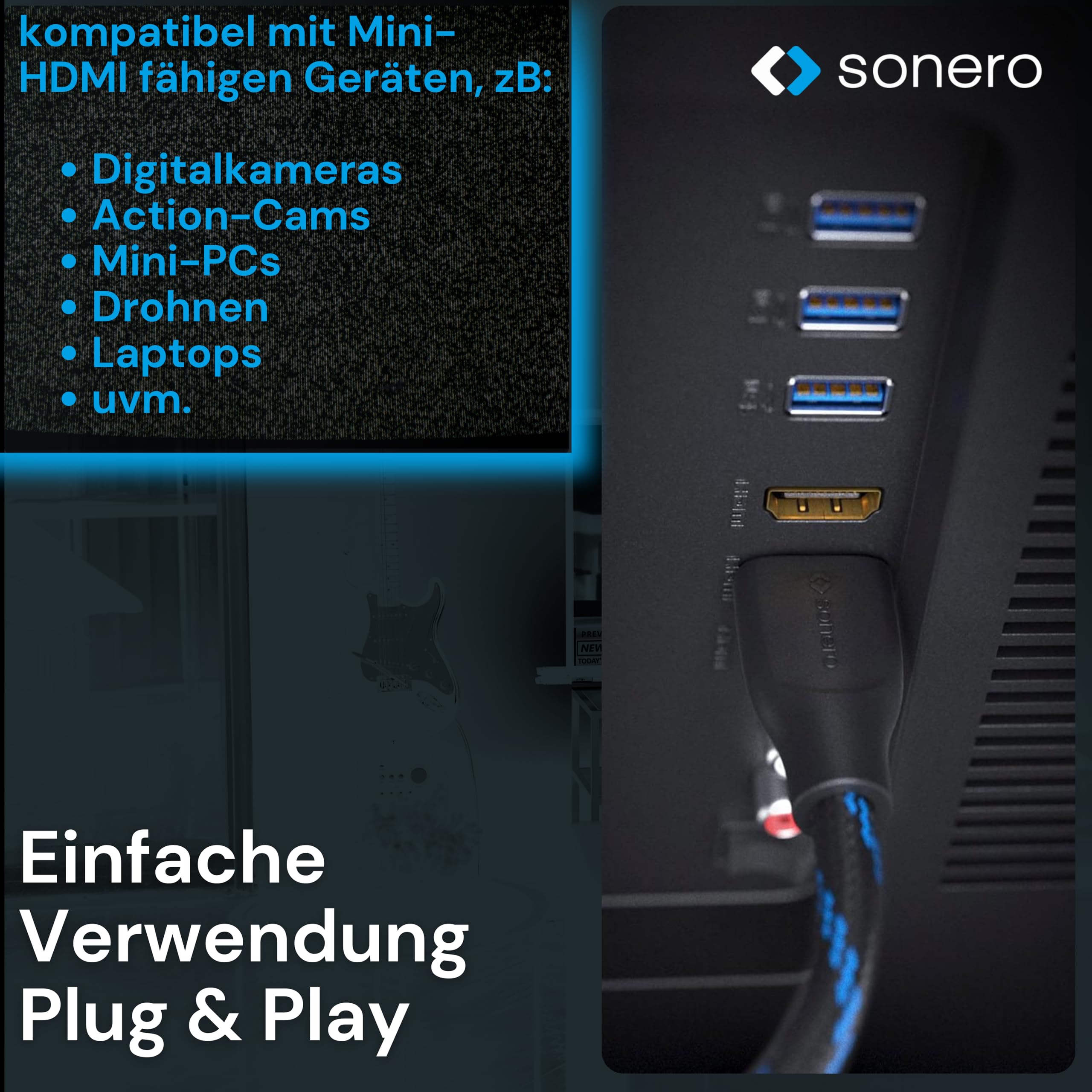 Sonero® 4K Mini HDMI auf HDMI-Kabel, Premium High Speed, 4K 60Hz, Mini HDMI Stecker auf HDMI Stecker, vergoldete Kontakte, zweifache Abschirmung, Baumwollmantel, 2,00m