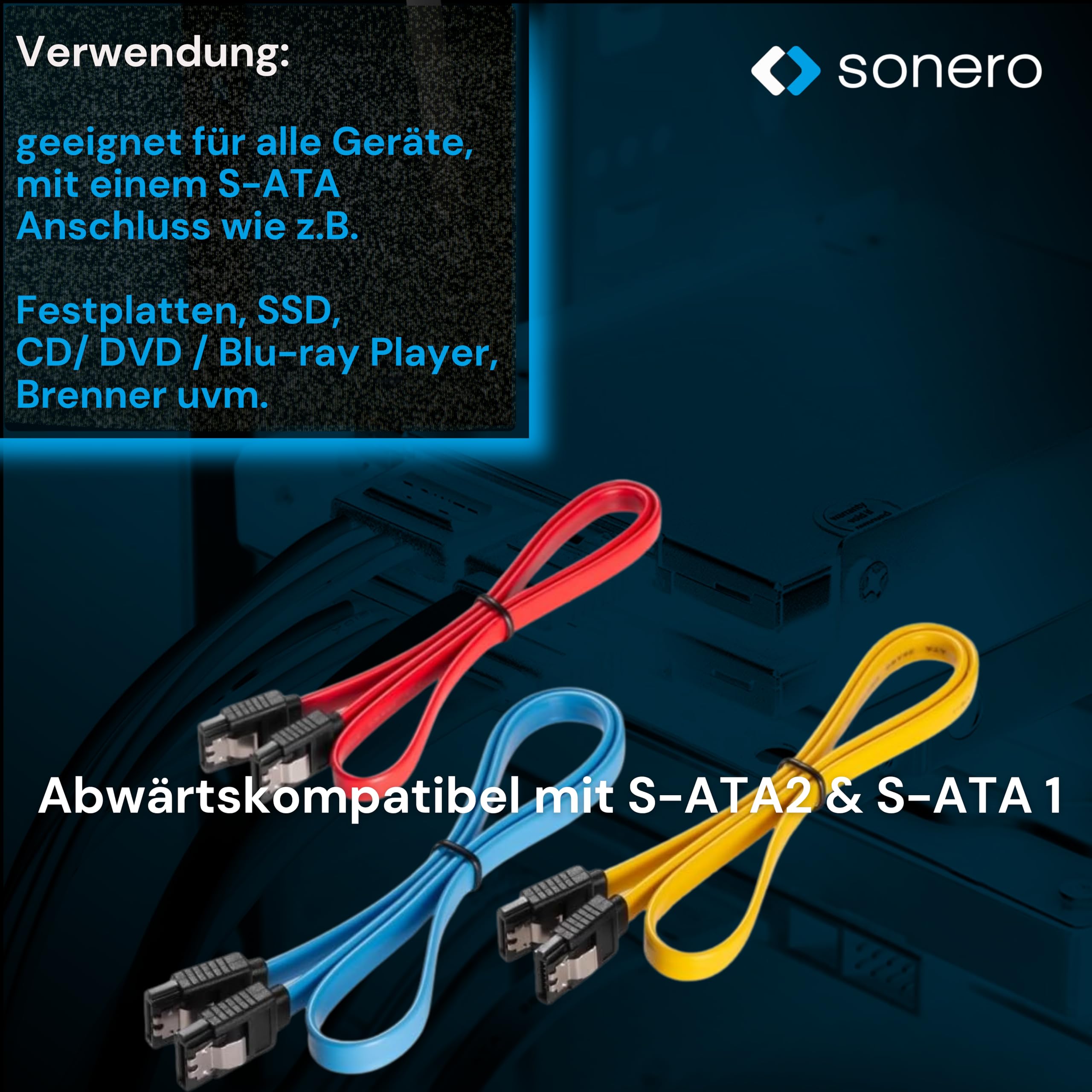 Sonero® SATA III 6Gb/s Datenkabel-Set, 3x 0,50m, rot/gelb/blau