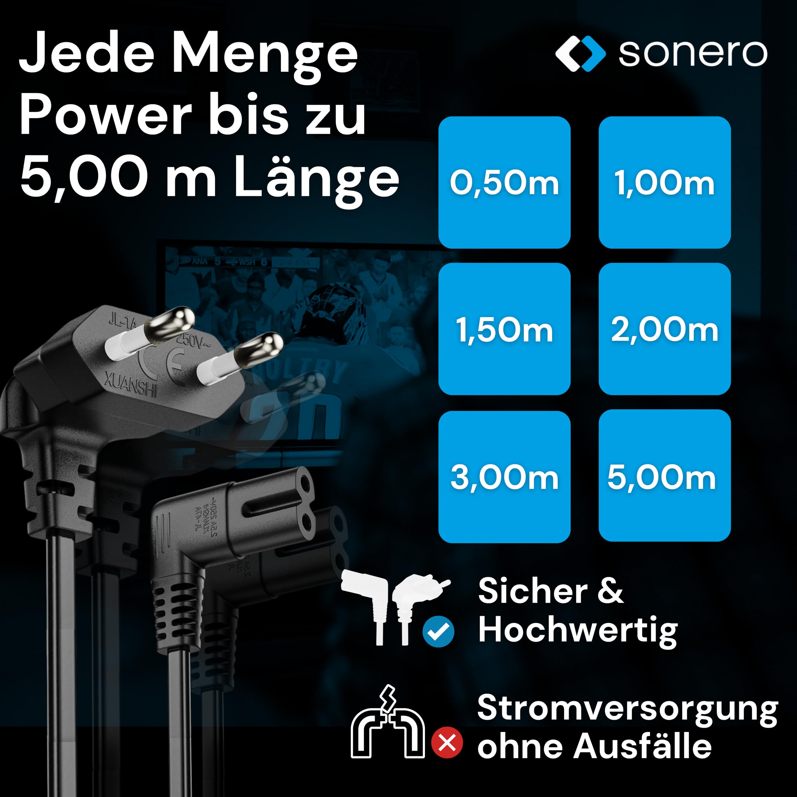 sonero Stromkabel Netzkabel 2 Polig, 2,0m, Eurostecker Typ C Netzstecker auf IEC Buchse C7 Euro 8 Stecker, 90° Winkel Netzteil Strom Kabel für TV, PS5, PS4, PS3, Haushaltsgeräte, Schwarz