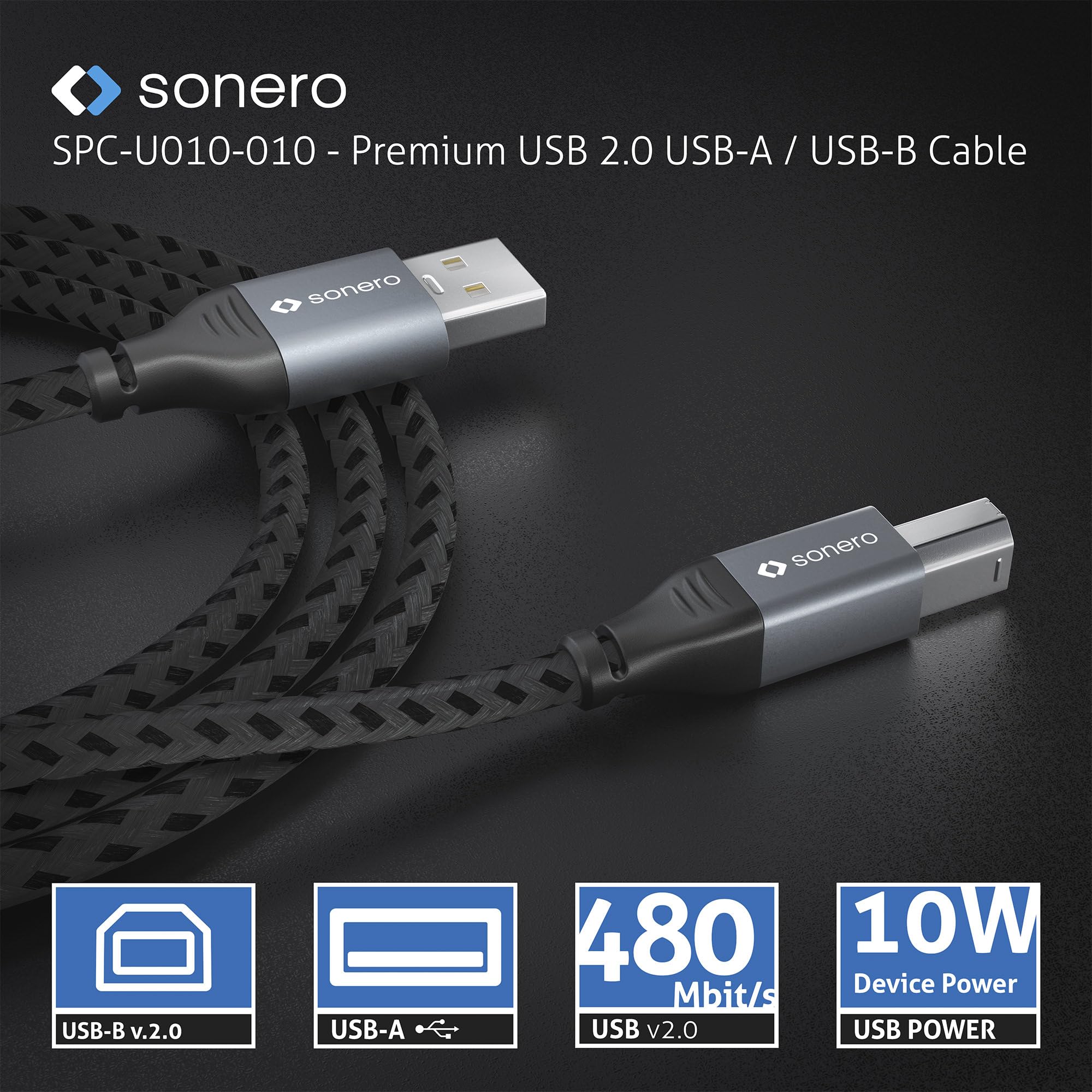 Sonero® USB 2.0 Kabel, Verbindungskabel, Druckerkabel, A-Stecker auf B-Stecker, 480 MB/s, space grey/schwarz, 1,00m