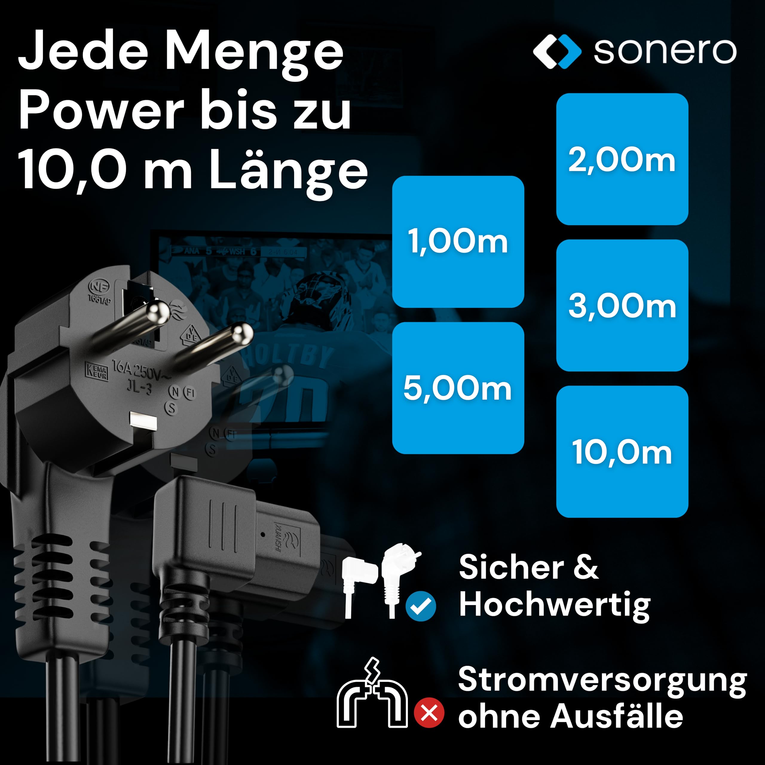 sonero Stromkabel Kaltgerätekabel 3 Polig, 1,0m, Schutzkontakt Stecker Netzstecker auf Kaltgerätekupplung C13 Buchse, 90° Winkel Netzkabel Netzteil Strom Kabel für Monitor PC Drucker, Schwarz