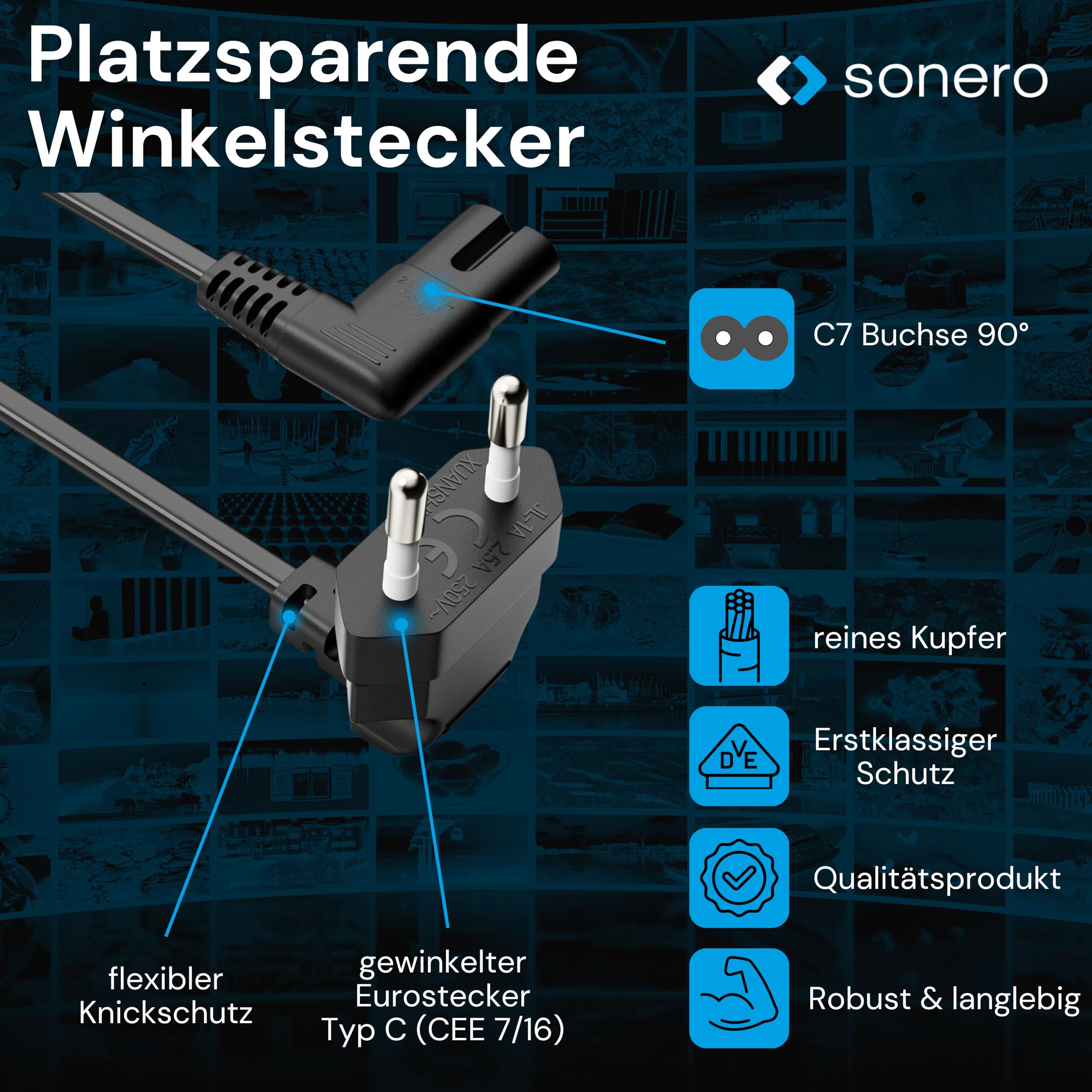 sonero Stromkabel Netzkabel 2 Polig, 2,0m, Eurostecker Typ C Netzstecker auf IEC Buchse C7 Euro 8 Stecker, 90° Winkel Netzteil Strom Kabel für TV, PS5, PS4, PS3, Haushaltsgeräte, Schwarz