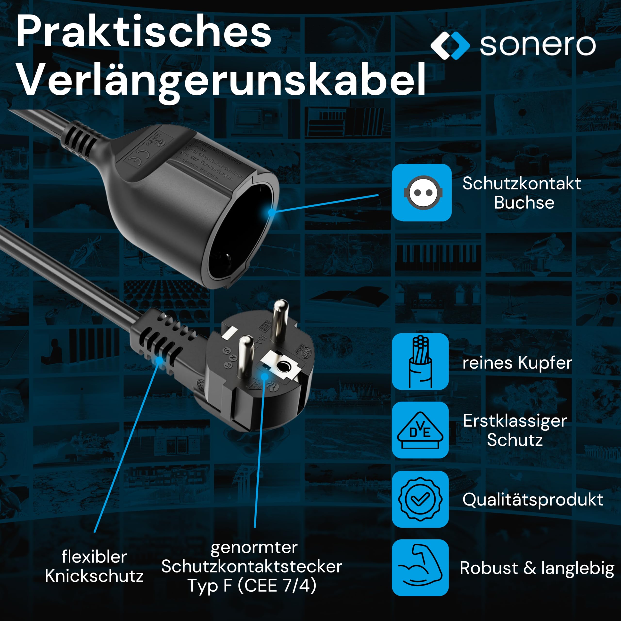 sonero Verlängerungskabel Stromkabel Verlängerung, 2,0m, Schutzkontakt Stecker auf Buchse, Strom Kabelverlängerung, Netzkabel, Steckdosenverlängerung Schwarz