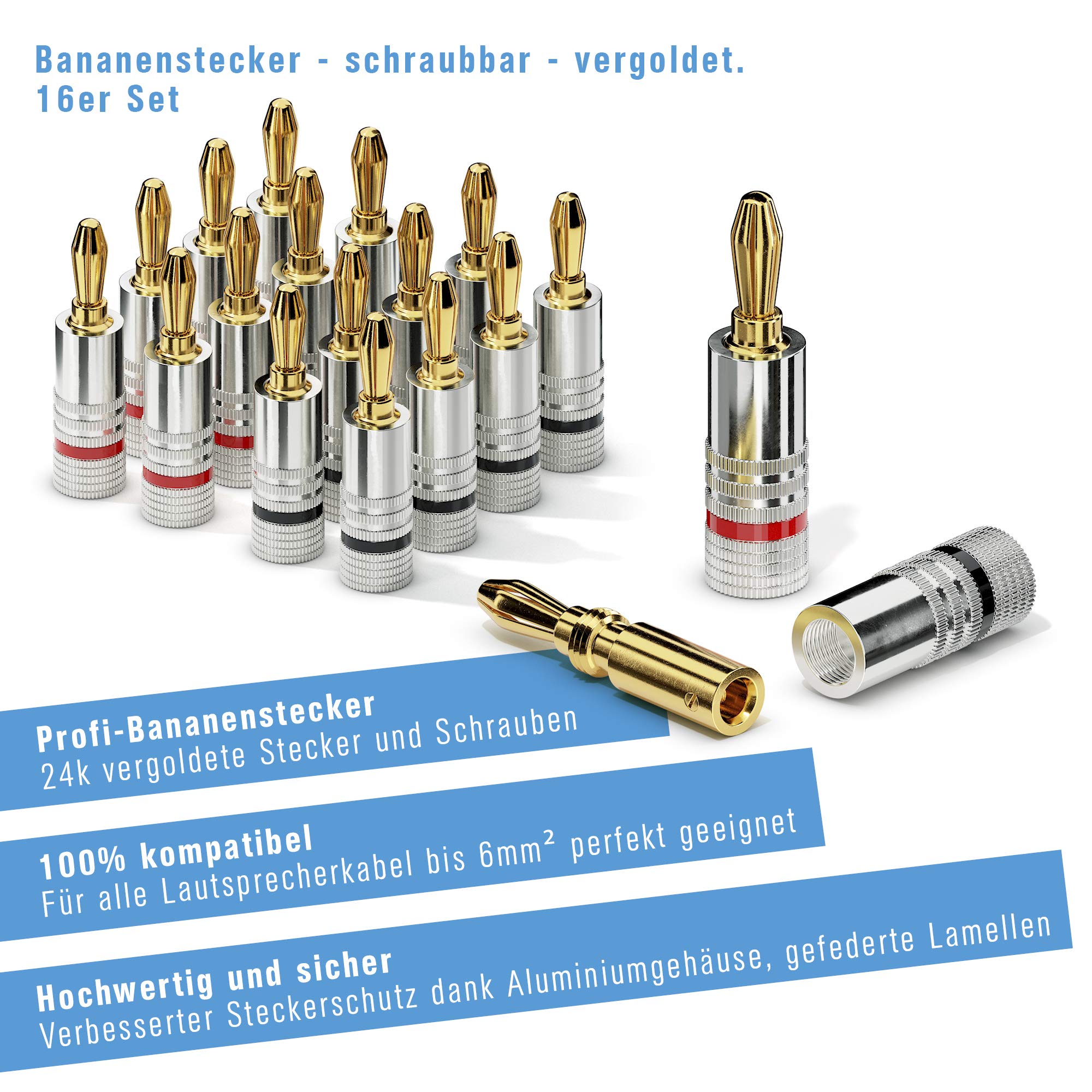 sonero Bananenstecker 16er-Set, für alle Lautsprecherkabel mit einem Durchmesser bis max. 6mm², 4 Stück mit Farbcodierung (8x rot, 8x schwarz), 24k vergoldet, S-SC000-16