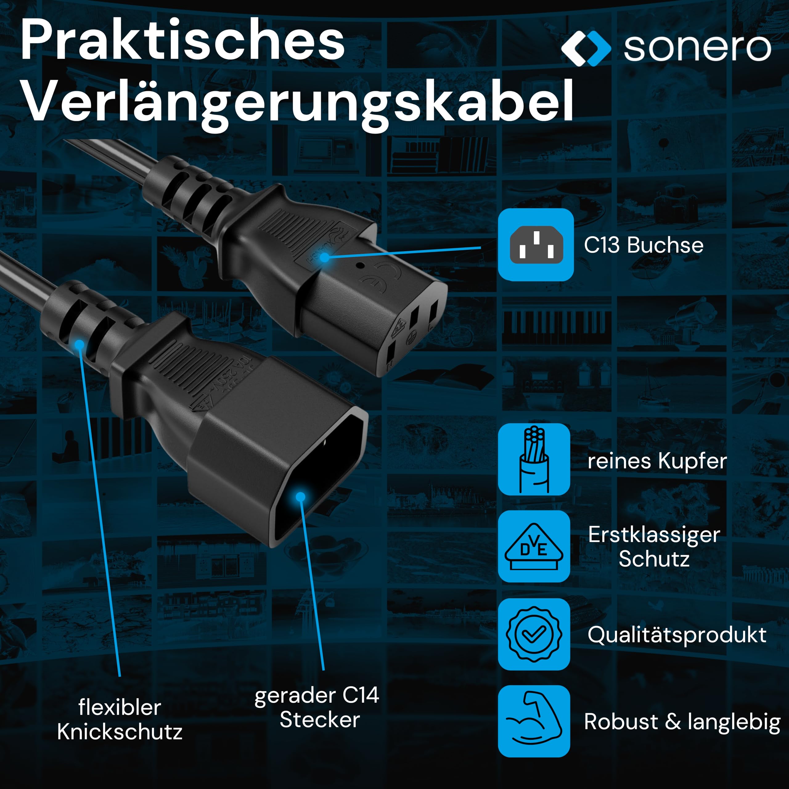 sonero Kaltgerätekabel Kaltgeräte Verlängerung 3 Polig, 1,0m, Kaltgeräte Stecker Netzstecker C14 auf Kaltgerätekupplung C13 Buchse, Verlängerungskabel Netzkabel für Monitor PC Drucker, Schwarz