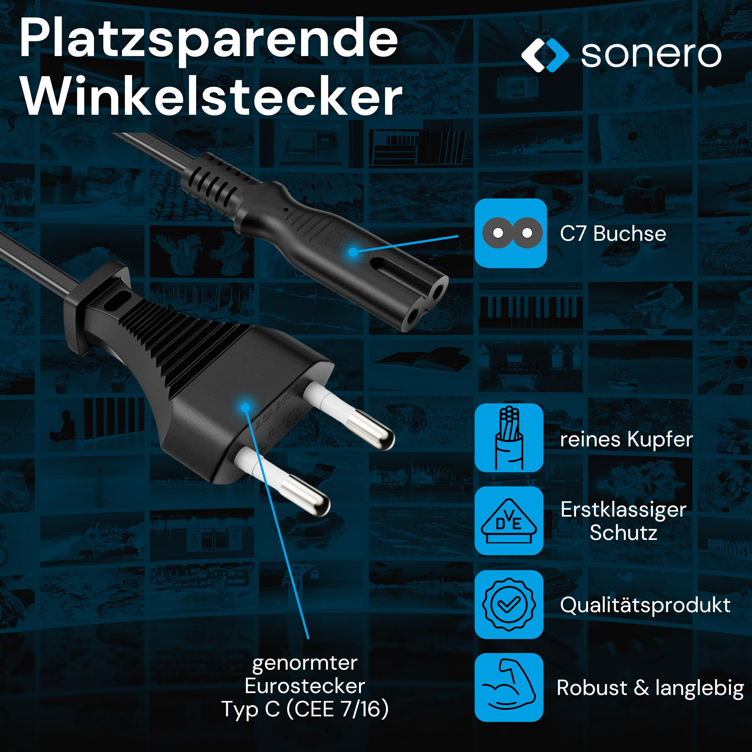 sonero Stromkabel Netzkabel 2 Polig, 5,0m, Eurostecker Typ C Netzstecker auf IEC Buchse C7 Euro 8 Stecker, Netzteil Strom Kabel für TV, PS5, PS4, PS3, Haushaltsgeräte, Schwarz
