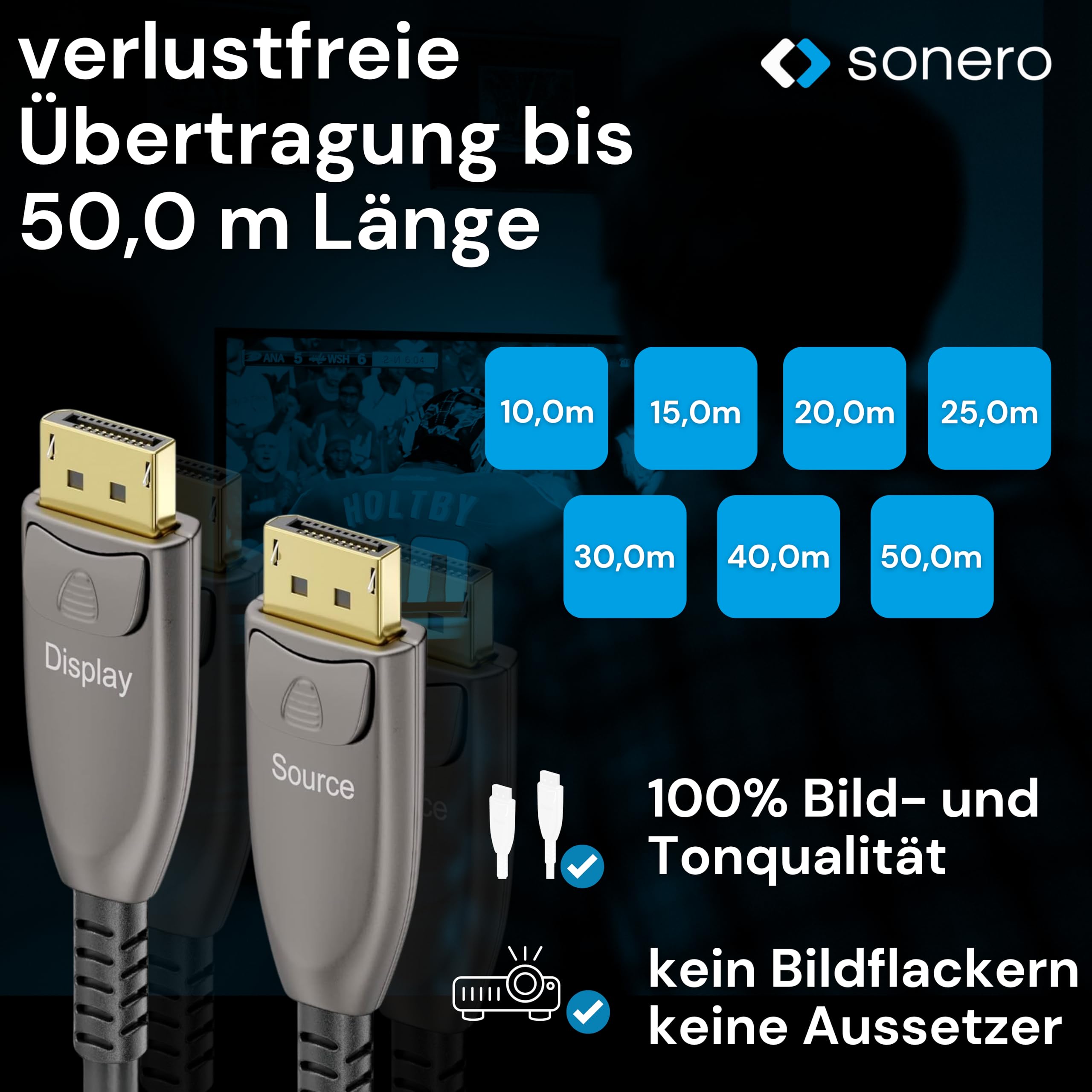 Sonero® 8K-DisplayPort 1.4 Kabel, Glasfaser-Hybrid-Kabel, Auflösung bis 8K 60 Hz (7680 x 4320) / 4K 120Hz (3840 × 2160), HDR und DSC Unterstützug, anthrazit, 40 Meter