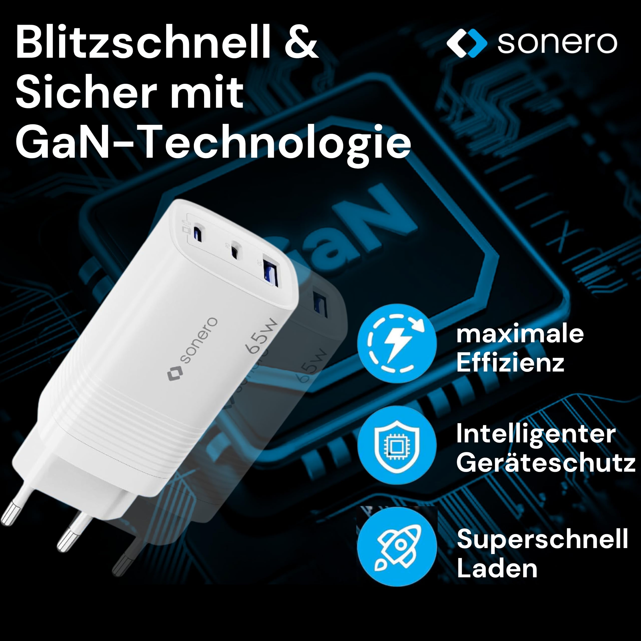 sonero USB C Ladegerät, 3 Port Adapter, Netzteil 65 Watt Schnellladegerät kompatibel mit Apple iPhone 15, Samsung, Tablet, Laptop uvm, Mehrfach GaN QC PD Charger, Weiß