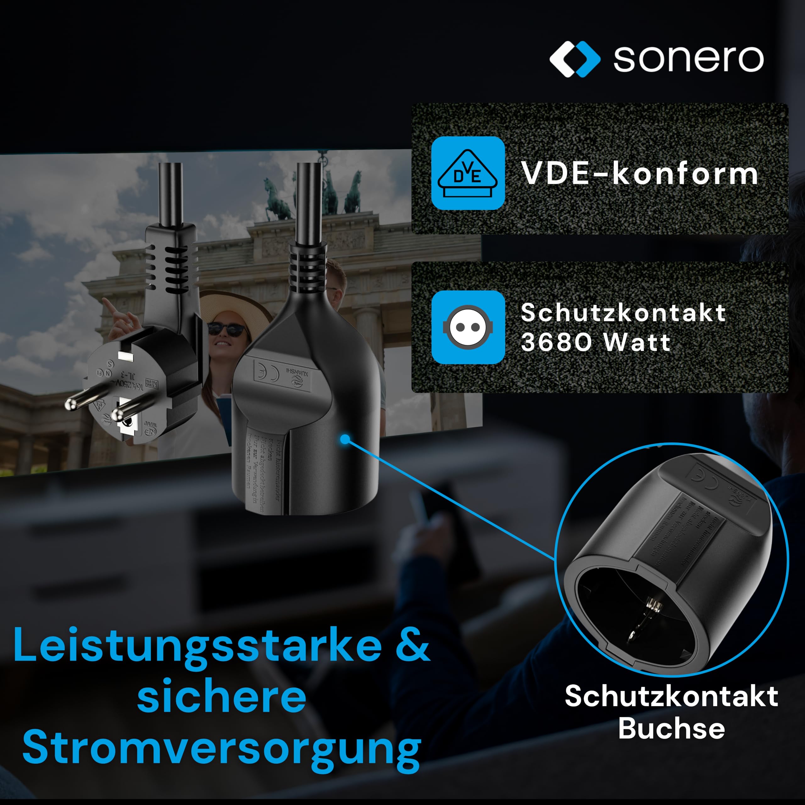 sonero Verlängerungskabel Stromkabel Verlängerung, 2,0m, Schutzkontakt Stecker auf Buchse, Strom Kabelverlängerung, Netzkabel, Steckdosenverlängerung Schwarz