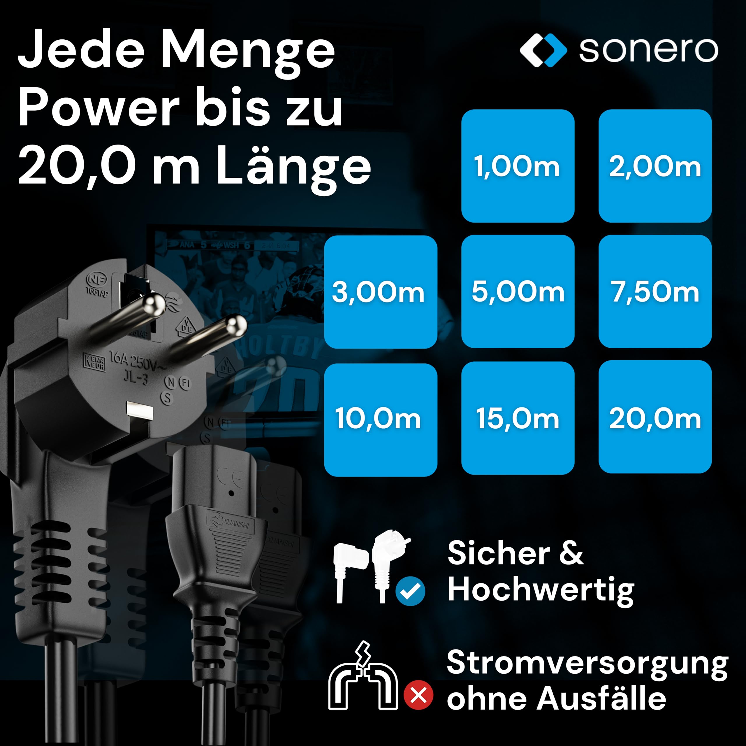 sonero Stromkabel Kaltgerätekabel 3 Polig, 15,0m, 90° Winkel Schutzkontakt Stecker Netzstecker auf Kaltgerätekupplung C13 Buchse, Netzkabel Netzteil Strom Kabel für Monitor PC Drucker, Schwarz