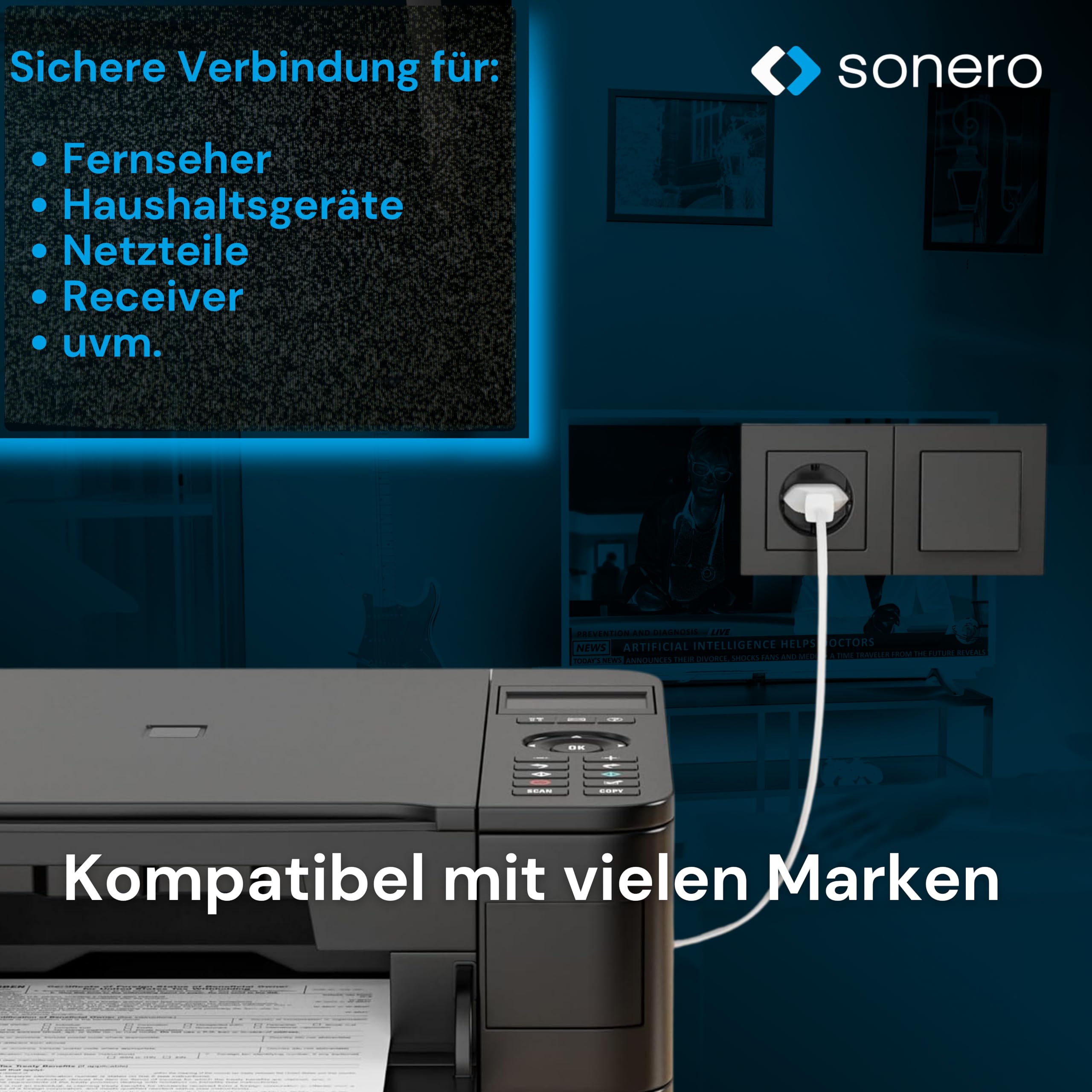 sonero Stromkabel Netzkabel 2 Polig, 3,0m, Eurostecker Typ C Netzstecker auf IEC Buchse C7 Euro 8 Stecker, 90° Winkel Netzteil Strom Kabel für TV, PS5, PS4, PS3, Haushaltsgeräte, Weiß
