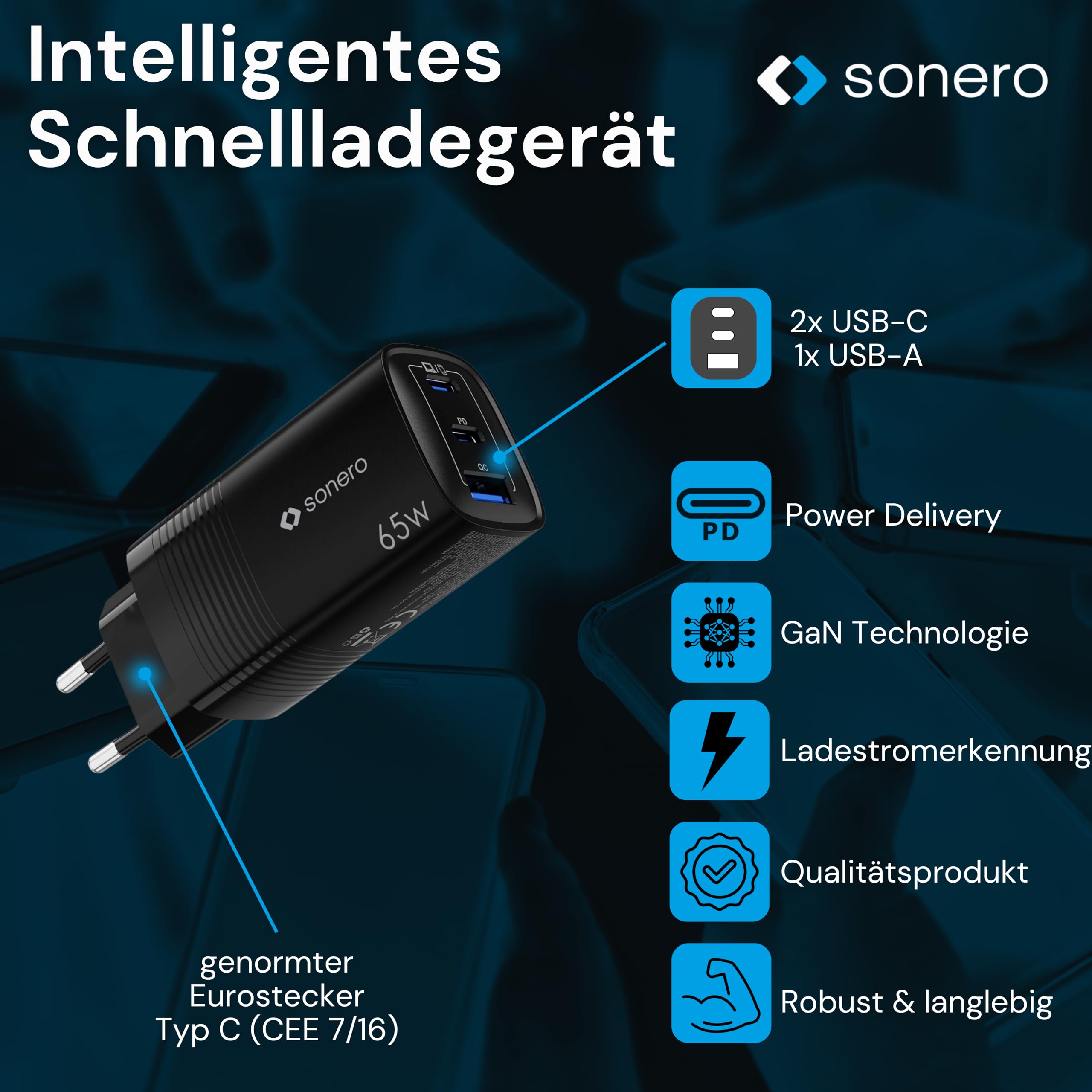sonero USB C Ladegerät, 3 Port Adapter, Netzteil 65 Watt Schnellladegerät kompatibel mit Apple iPhone 15, Samsung, Tablet, Laptop uvm, Mehrfach GaN QC PD Charger, Schwarz