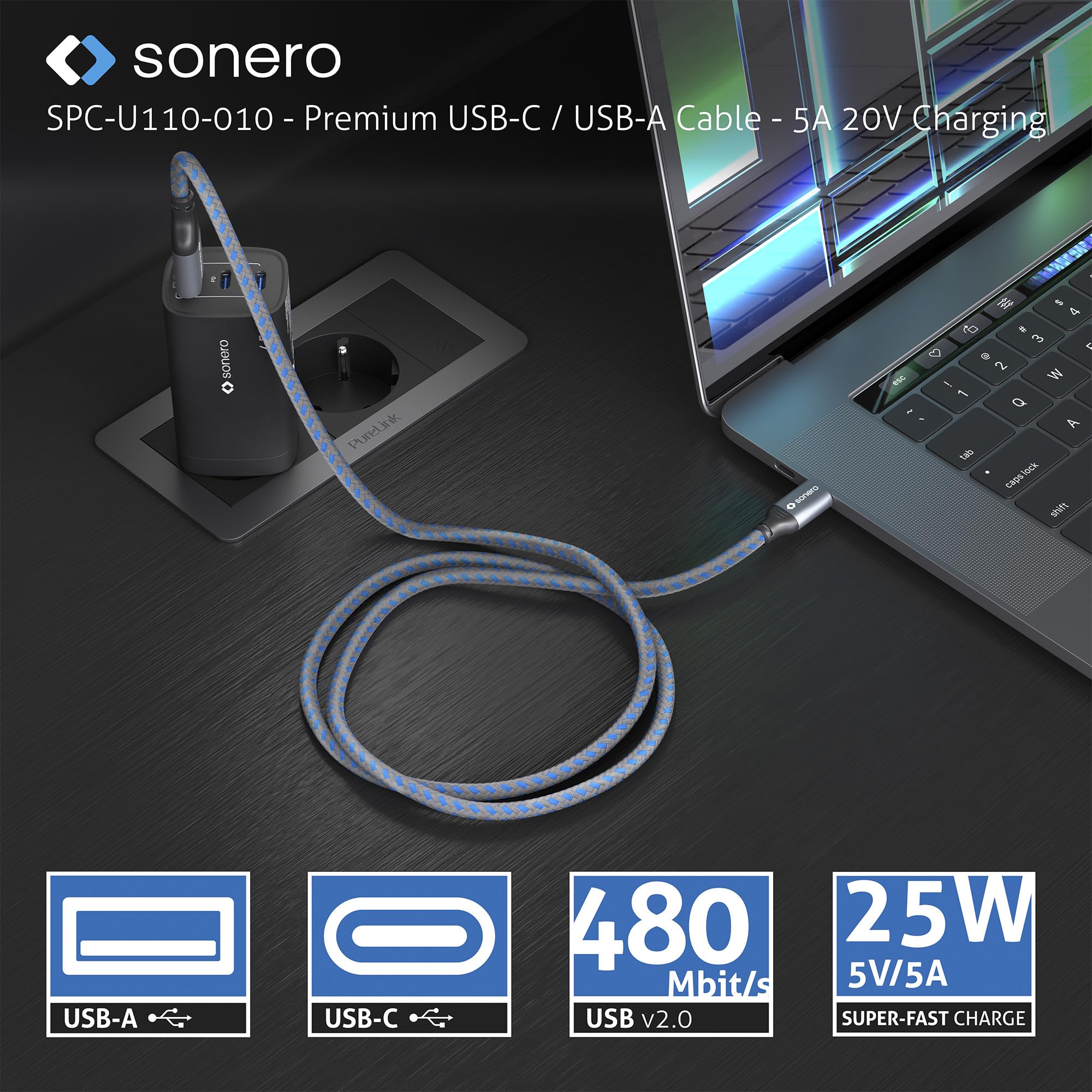 Sonero® USB-C auf USB-A Ladekabel, Handy-Ladekabel, Schnellladekabel, Kabel Typ C 2.0, 5V/5A, grau/blau, 1,50m